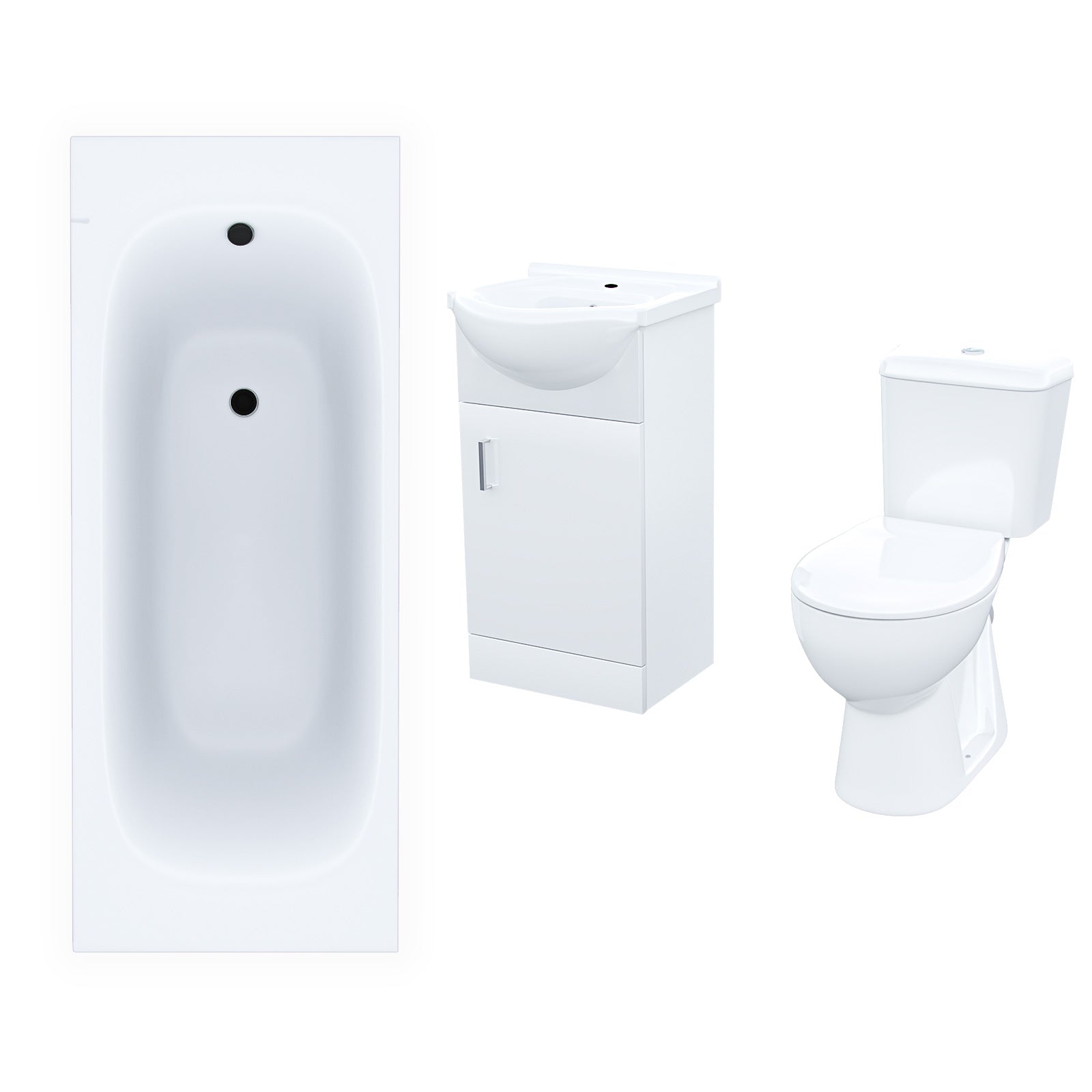 Ellen Suite 1700mm Bathtub, 450mm White Basin Vanity & Close Coupled Toilet