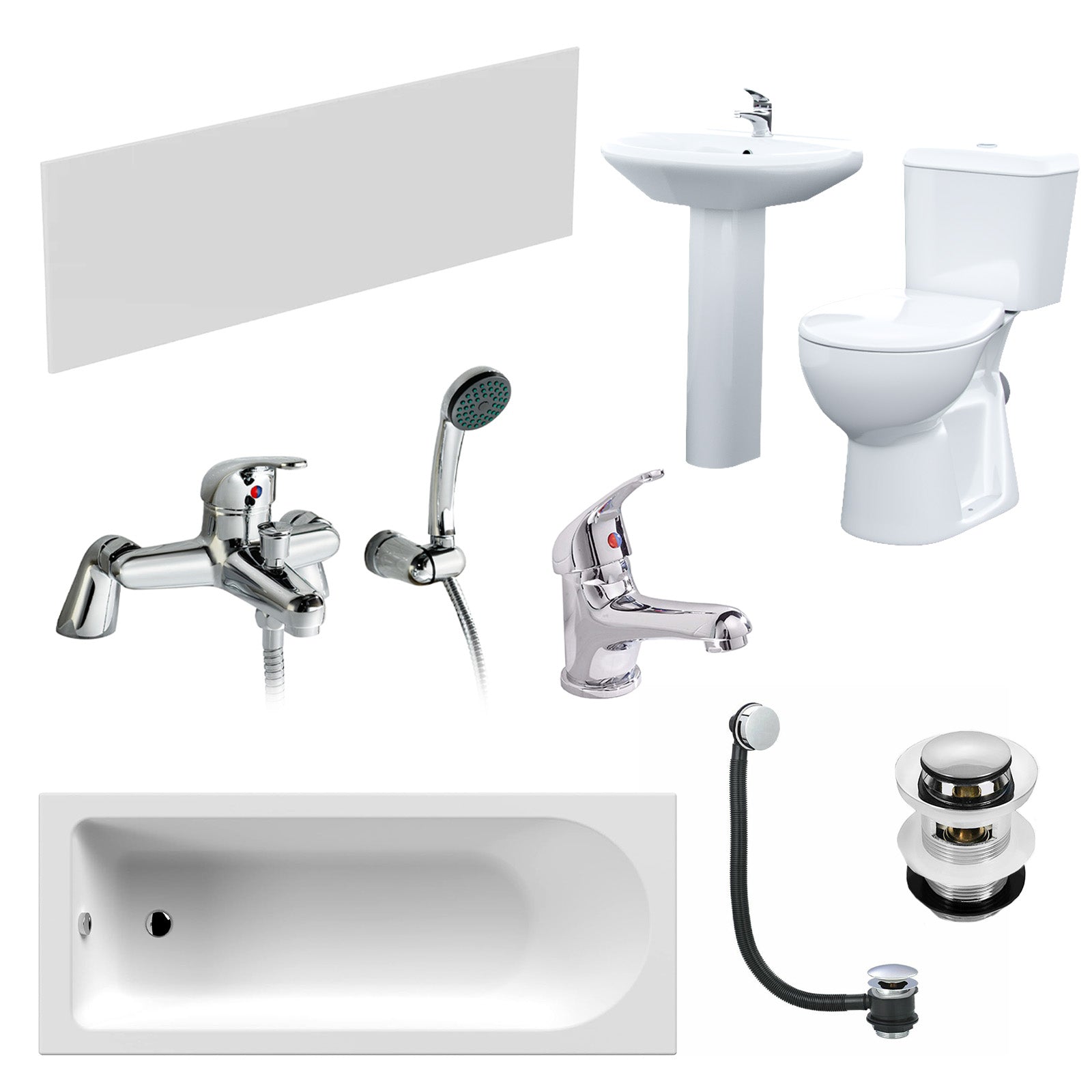 White Pedestal Basin Toilet 1700 Bath Tap and Front Panel Set