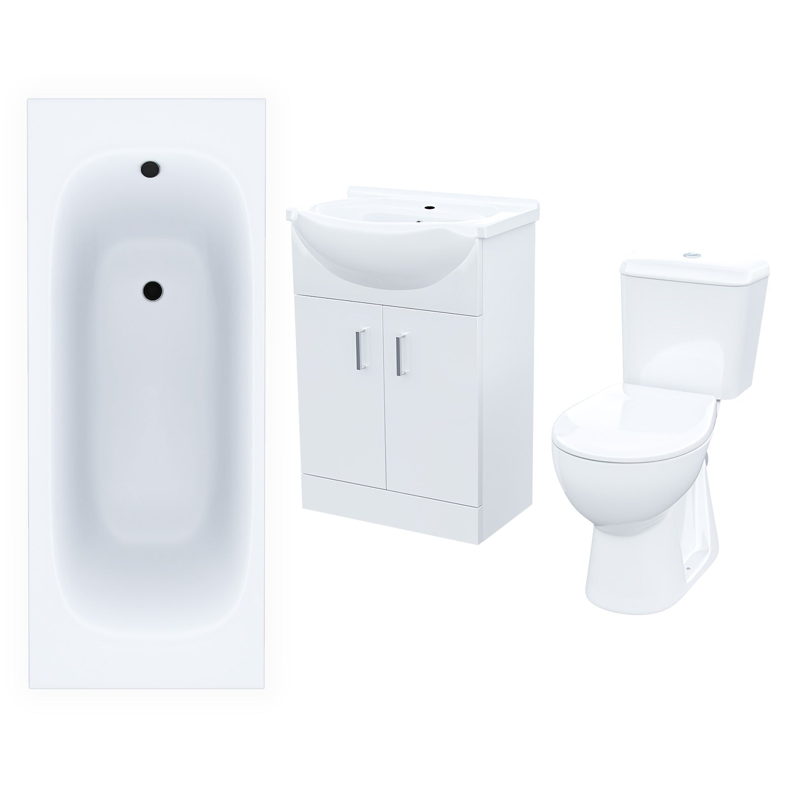 Ellen 1700mm Bath + Panels, Close Coupled Ceramic Toilet & Vanity Basin Cabinet
