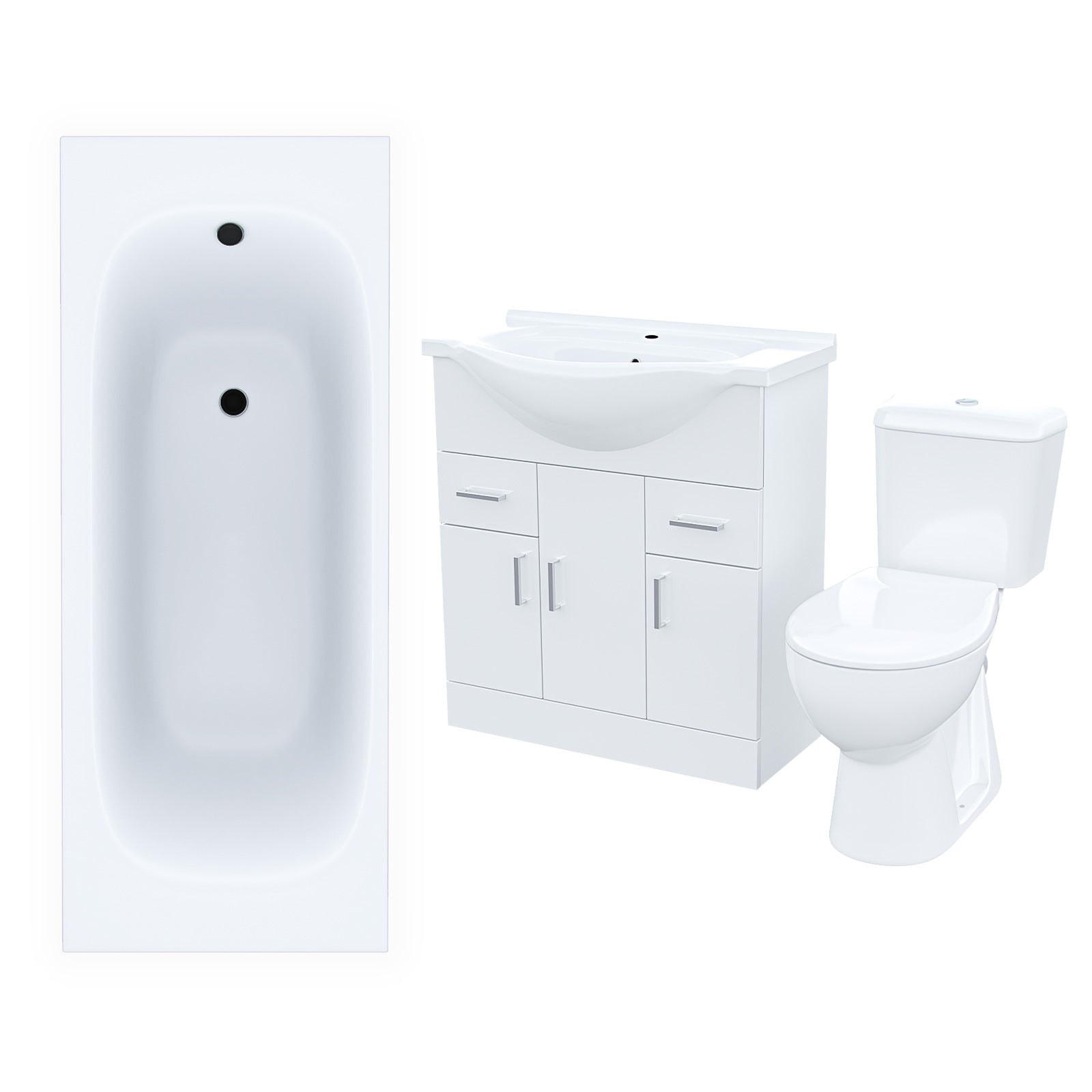 Ellen Bathroom Suite, 750mm Basin Vanity Unit, Close Coupled Toilet and Round Bath Tub