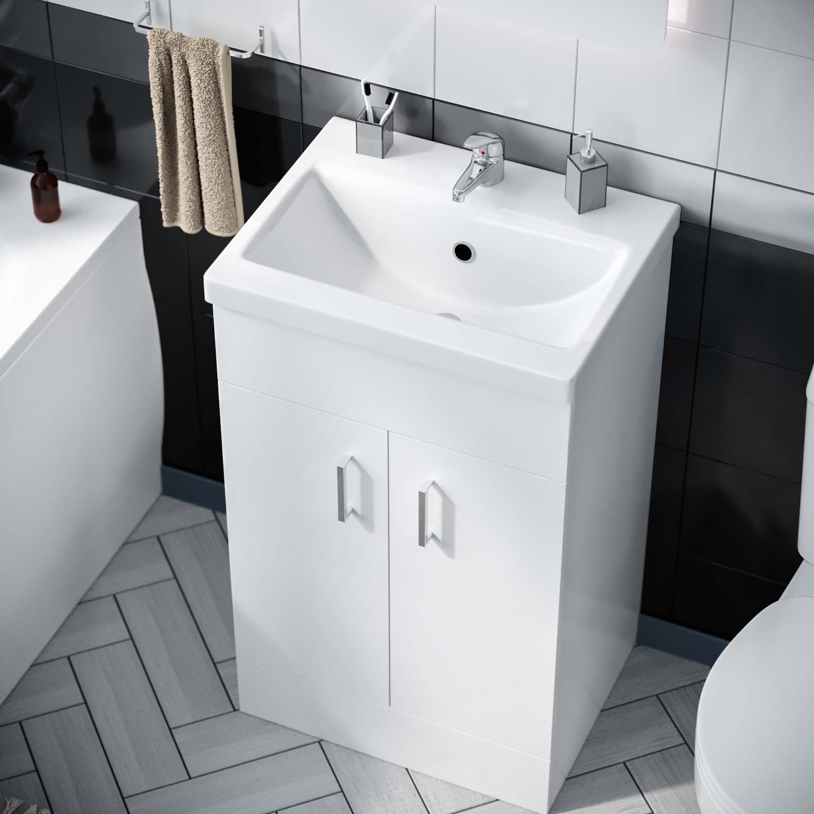 Nanuya 1700mm Bath, Close Coupled Toilet & 500mm Flat Pack Vanity Cabinet