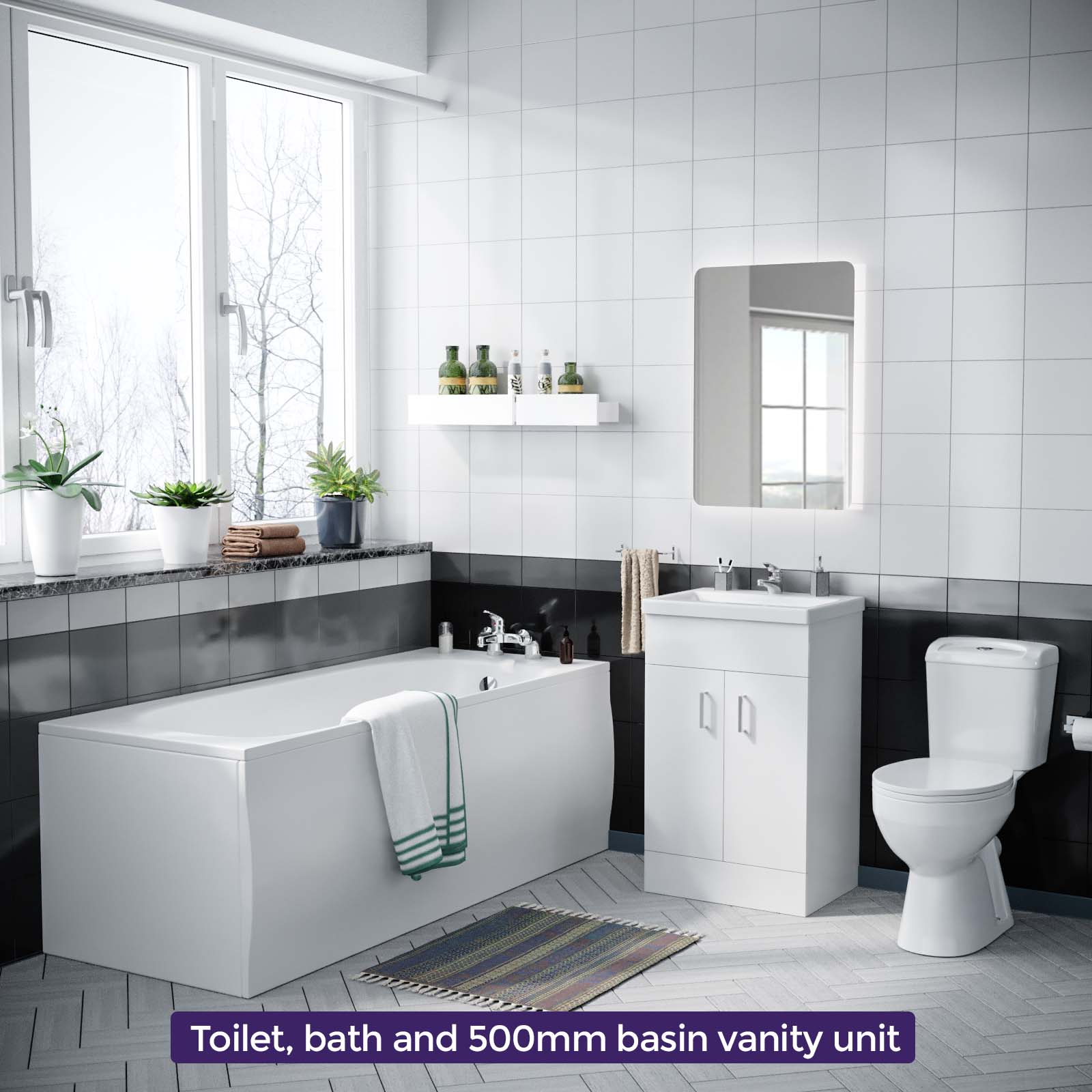 Nanuya 1700mm Bath, Close Coupled Toilet & 500mm Flat Pack Vanity Cabinet