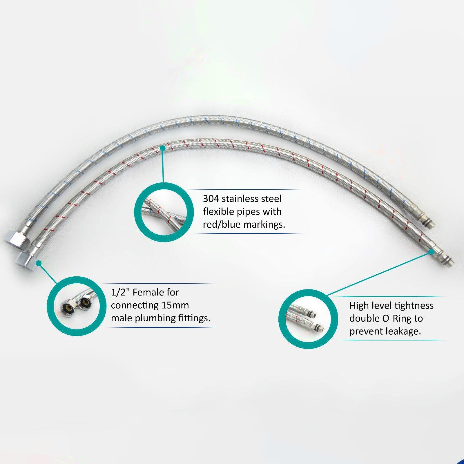 1000mm Pair of G 1/2" BSP Kitchen or Basin Mixer Flexi Hose Pipe Tails M10,10mm