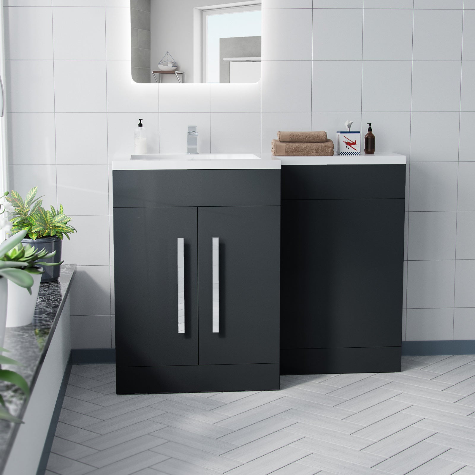 Aric Grey 1100mm LH Freestanding Vanity. WC Unit & Basin Flat Pack