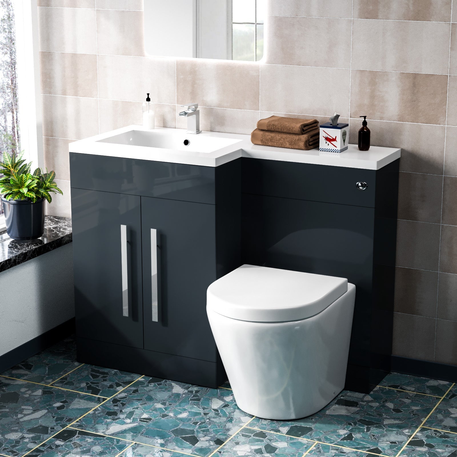 Aric 1100mm LH Freestanding Grey Vanity WC Unit with Basin & BTW Rimless Toilet Flat Pack
