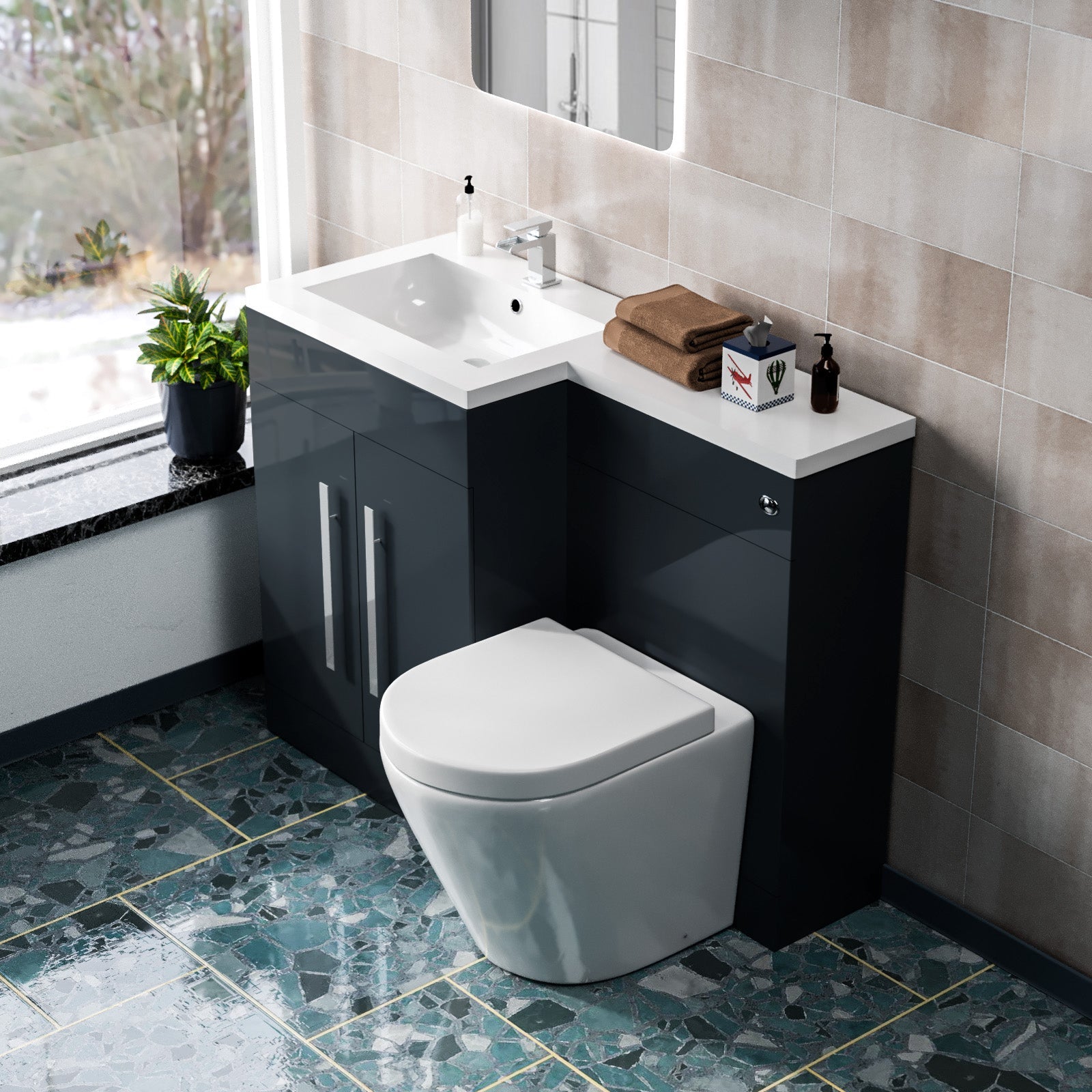 Aric 1100mm LH Freestanding Grey Vanity WC Unit with Basin & BTW Rimless Toilet Flat Pack