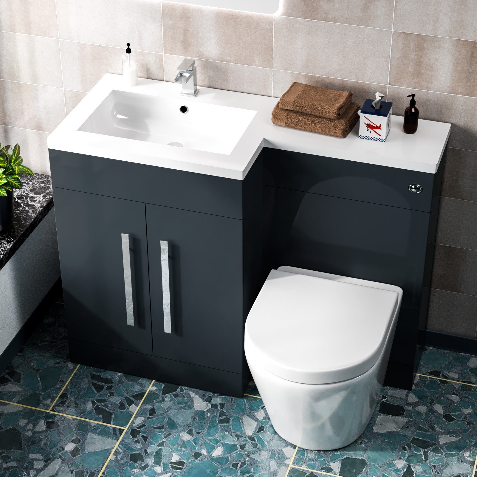 Aric 1100mm LH Freestanding Grey Vanity WC Unit with Basin & BTW Rimless Toilet Flat Pack