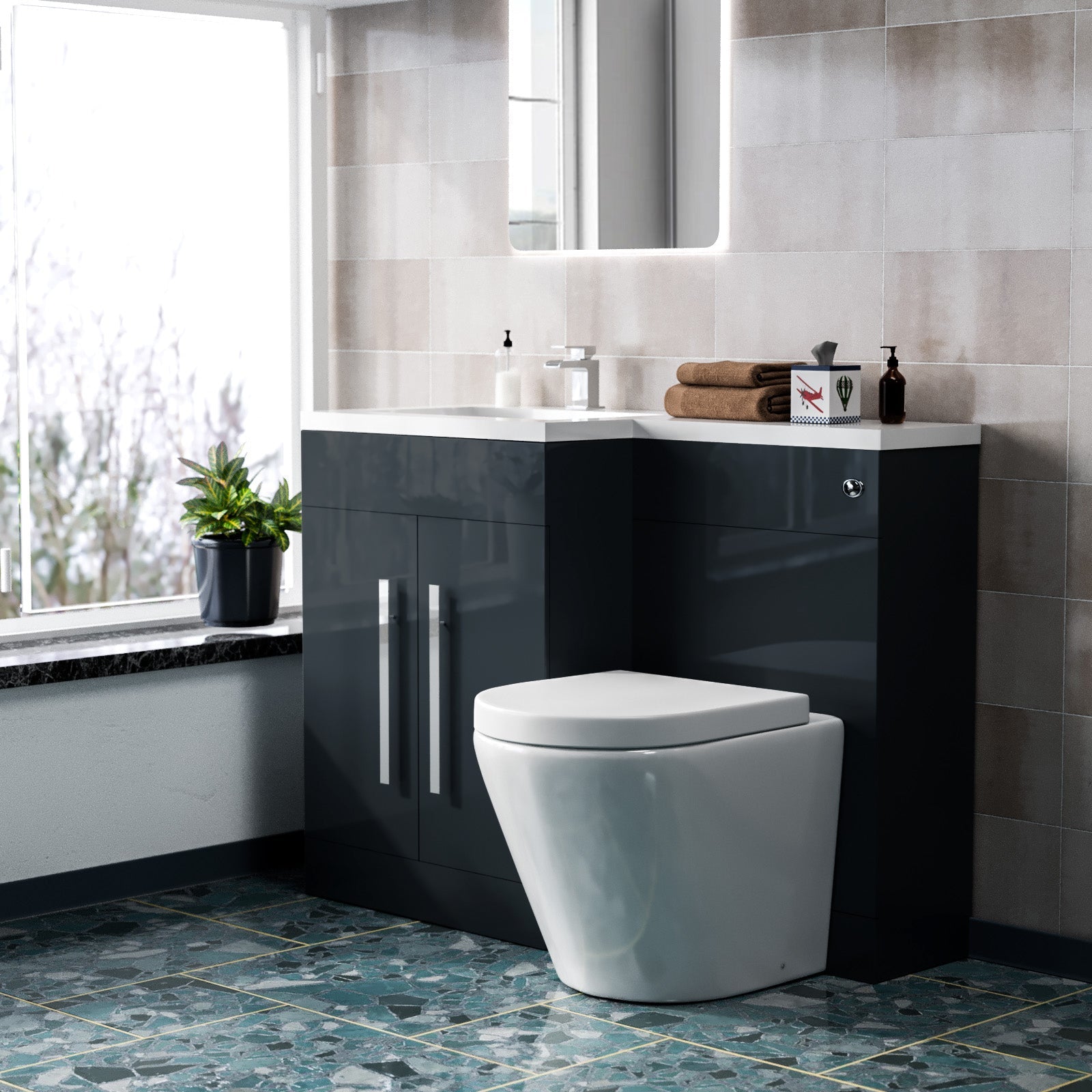 Aric 1100mm LH Freestanding Grey Vanity WC Unit with Basin & BTW Rimless Toilet Flat Pack