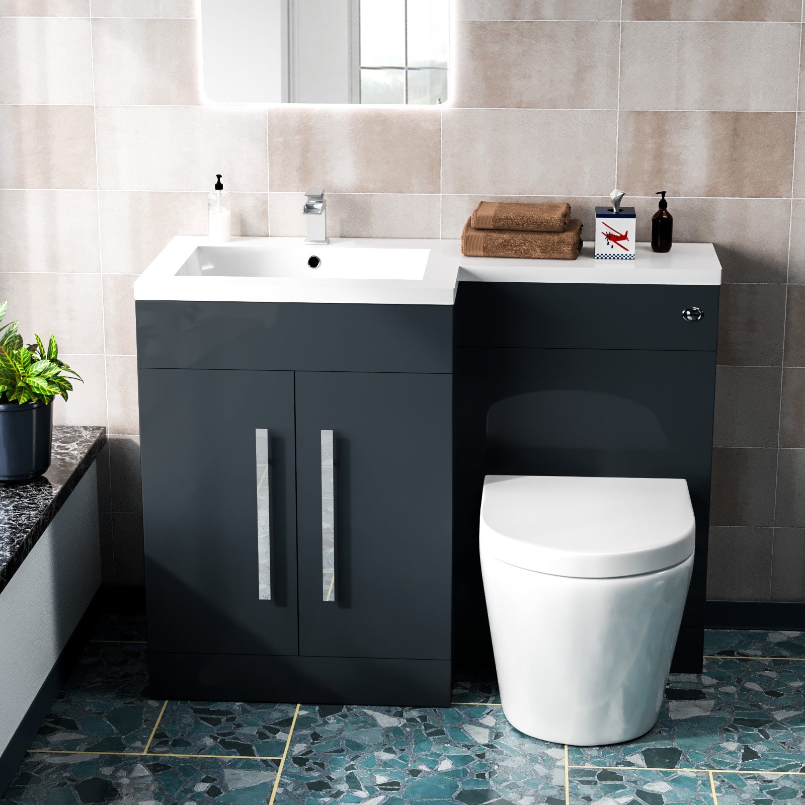 Aric 1100mm LH Freestanding Grey Vanity WC Unit with Basin & BTW Rimless Toilet Flat Pack