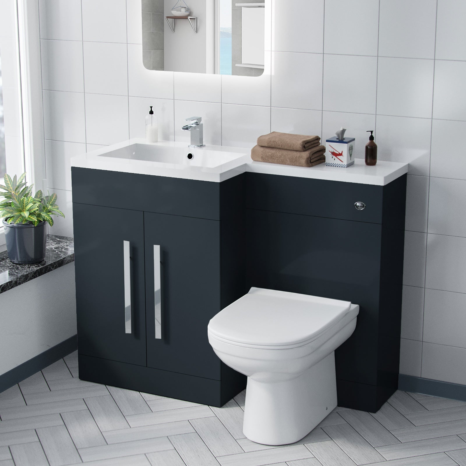 Aric 1100mm LH Grey Vanity with BTW Toilet, WC & Resin Basin Flat Pack