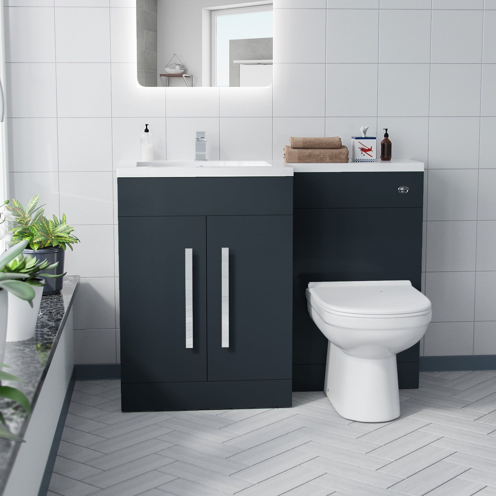Aric 1100mm LH Grey Vanity with BTW Toilet, WC & Resin Basin Flat Pack