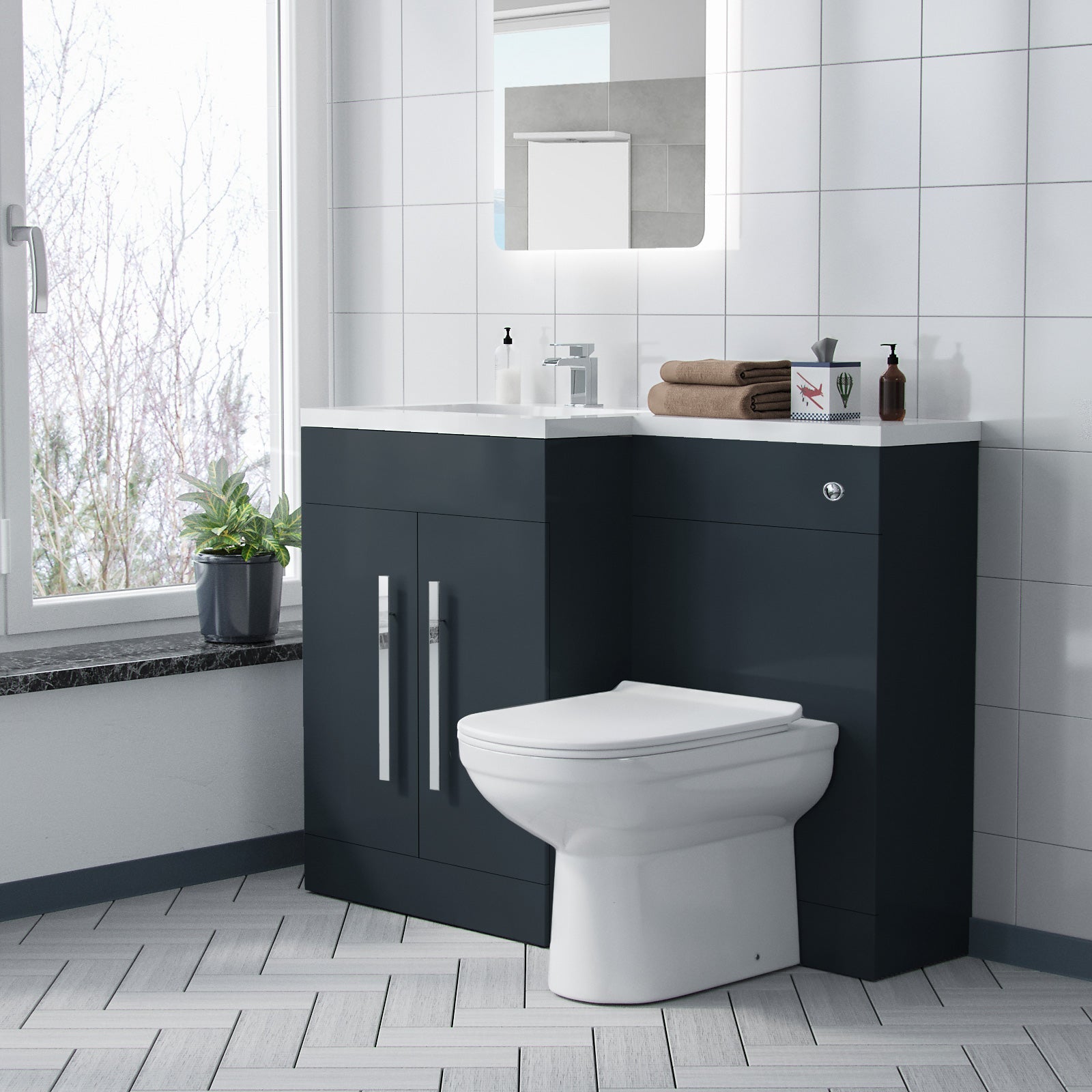 Aric 1100mm LH Grey Vanity with BTW Toilet, WC & Resin Basin Flat Pack