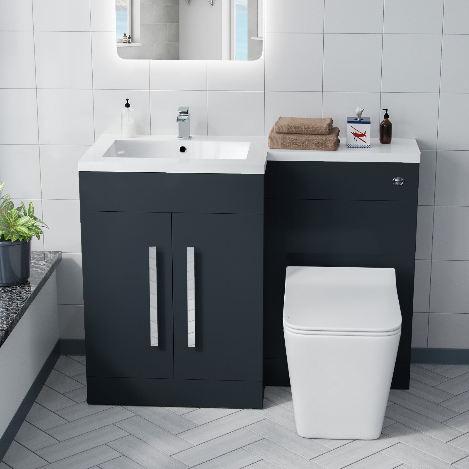Aric 1100mm LH BTW Toilet, WC Unit & Resin Basin Grey Flat Pack