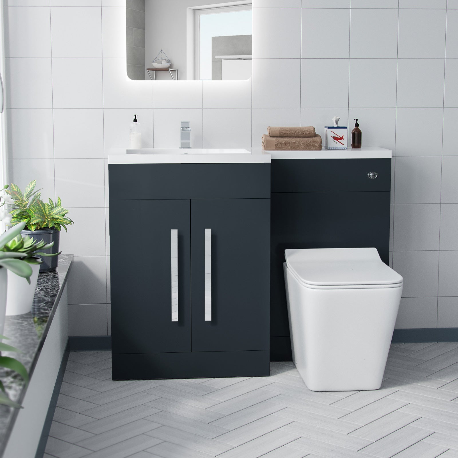 Aric 1100mm LH BTW Toilet, WC Unit & Resin Basin Grey Flat Pack