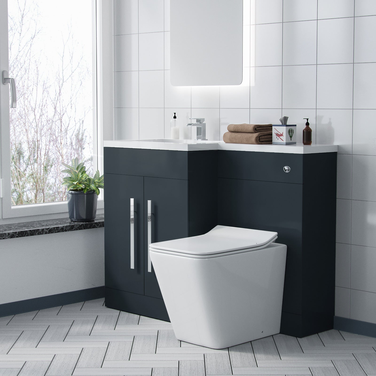 Aric 1100mm LH BTW Toilet, WC Unit & Resin Basin Grey Flat Pack