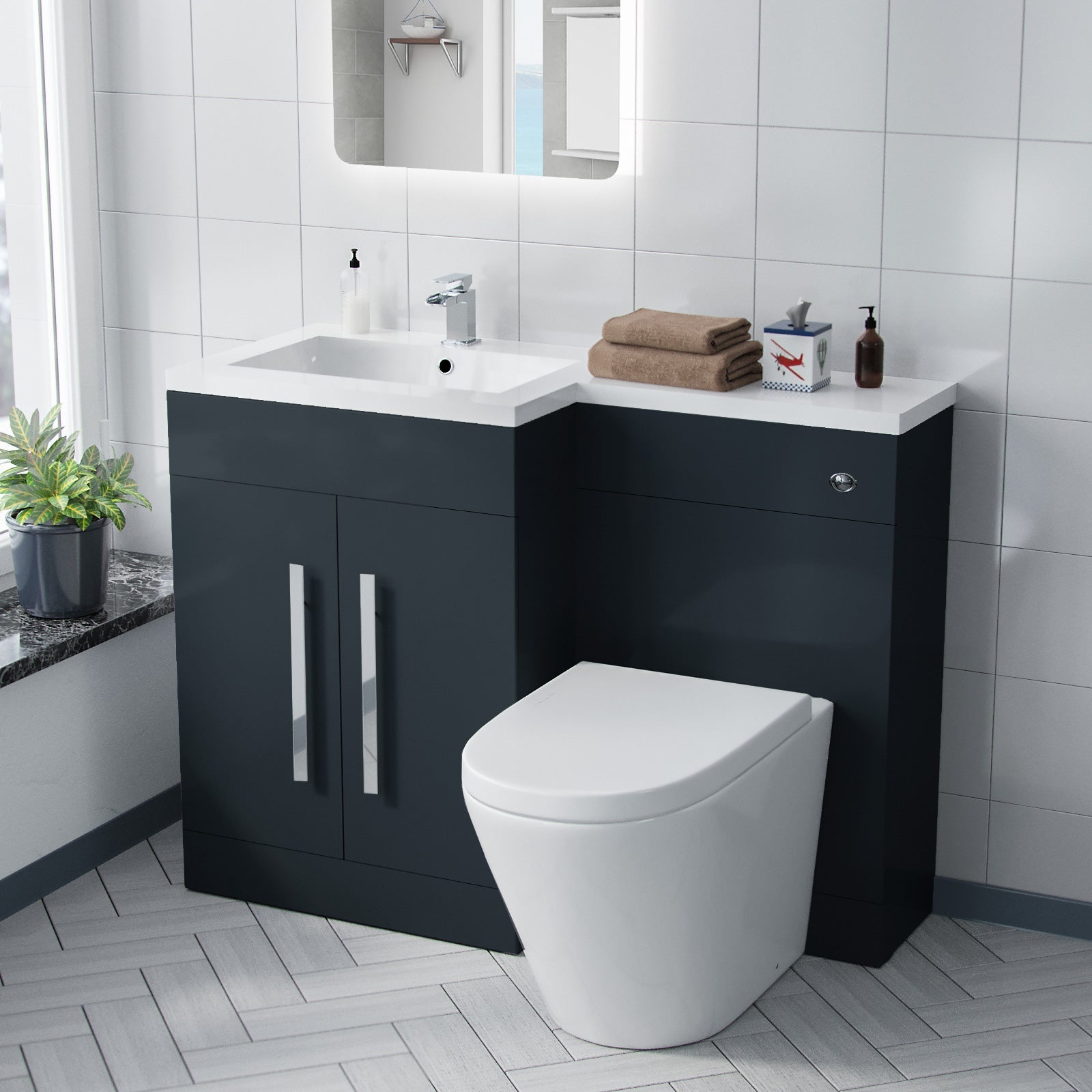 Aric 1100mm LH Freestanding Grey Vanity with BTW Toilet, WC & Basin Flat Pack