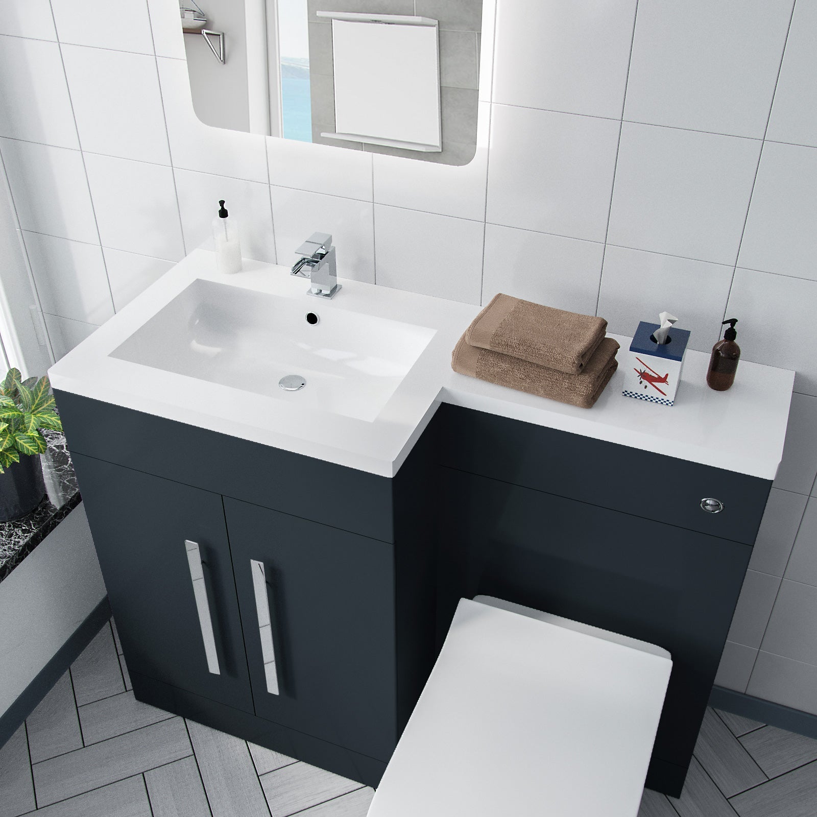 Aric 1100mm LH Freestanding Grey Vanity with BTW Toilet, WC & Basin Flat Pack