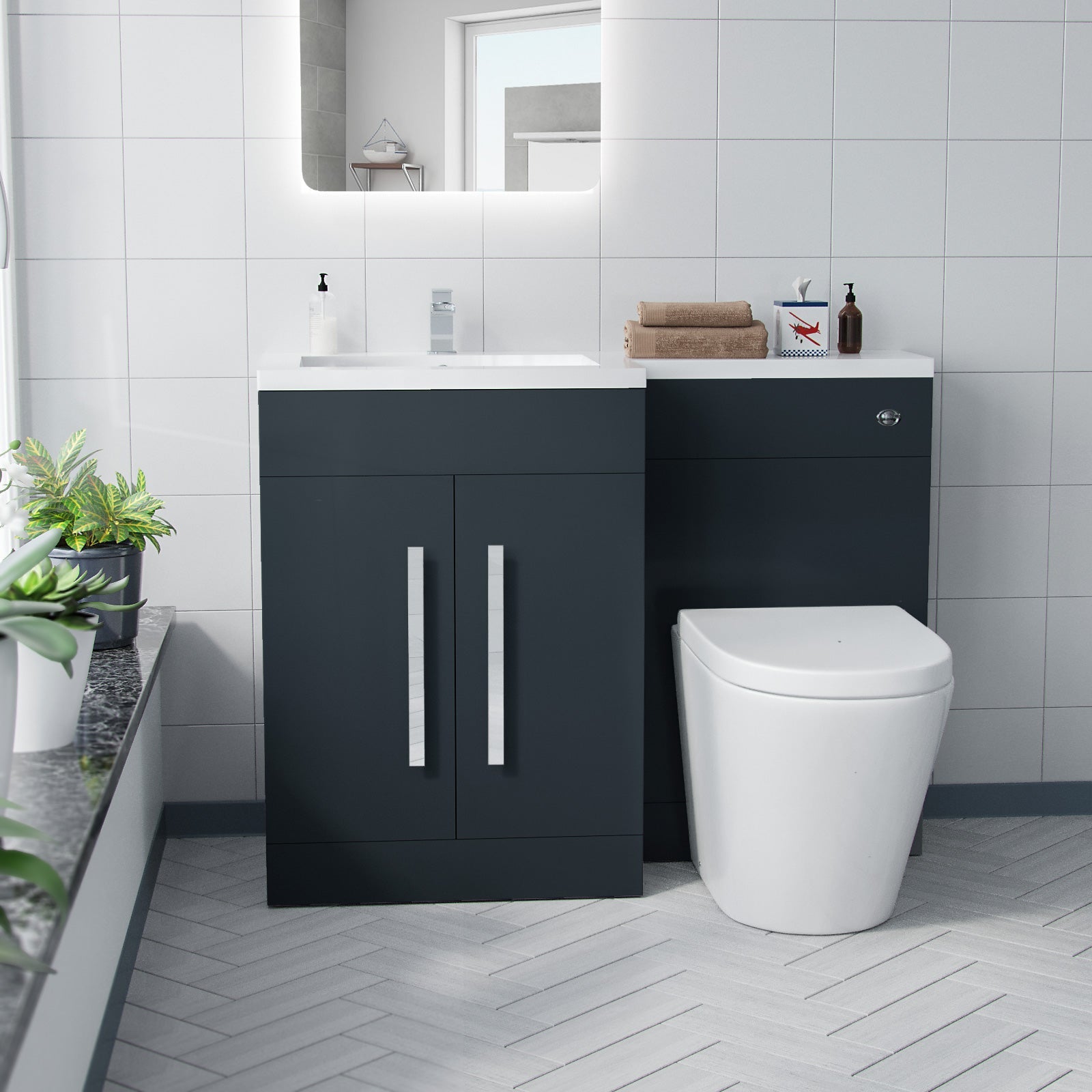 Aric 1100mm LH Freestanding Grey Vanity with BTW Toilet, WC & Basin Flat Pack