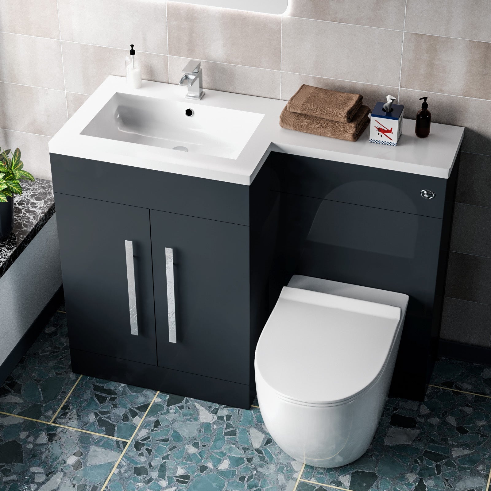 Aric 1100mm LH Freestanding Grey Vanity with BTW Toilet, WC & Basin Flat Pack