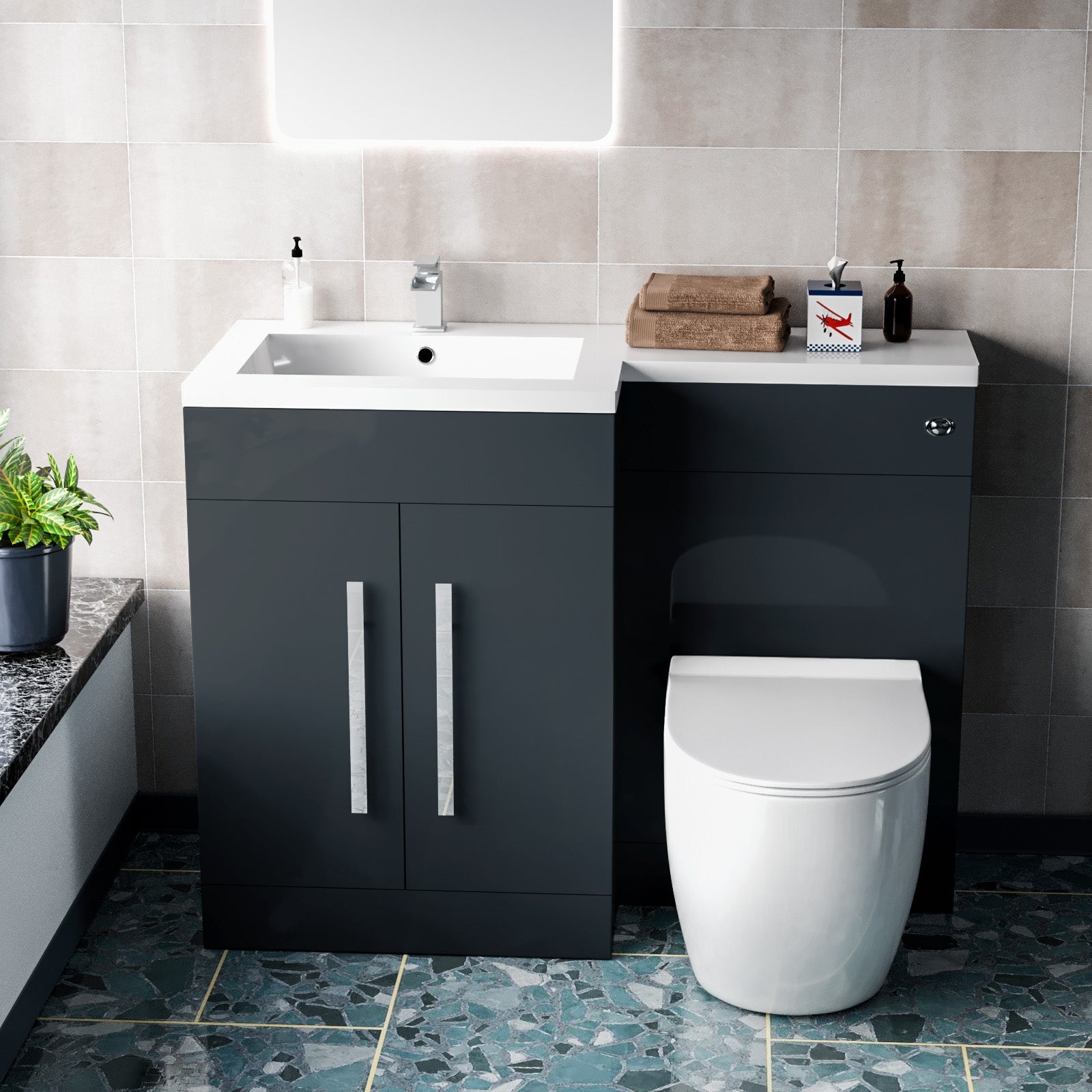 Aric 1100mm LH Freestanding Grey Vanity with BTW Toilet, WC & Basin Flat Pack