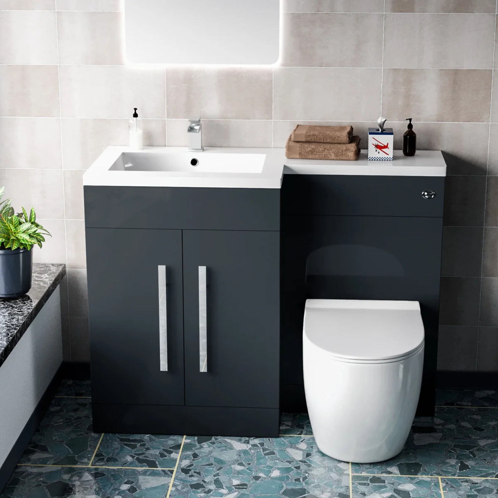 Aric 1100mm LH Freestanding Anthracite Vanity with BTW Toilet, WC & Basin Flat Pack