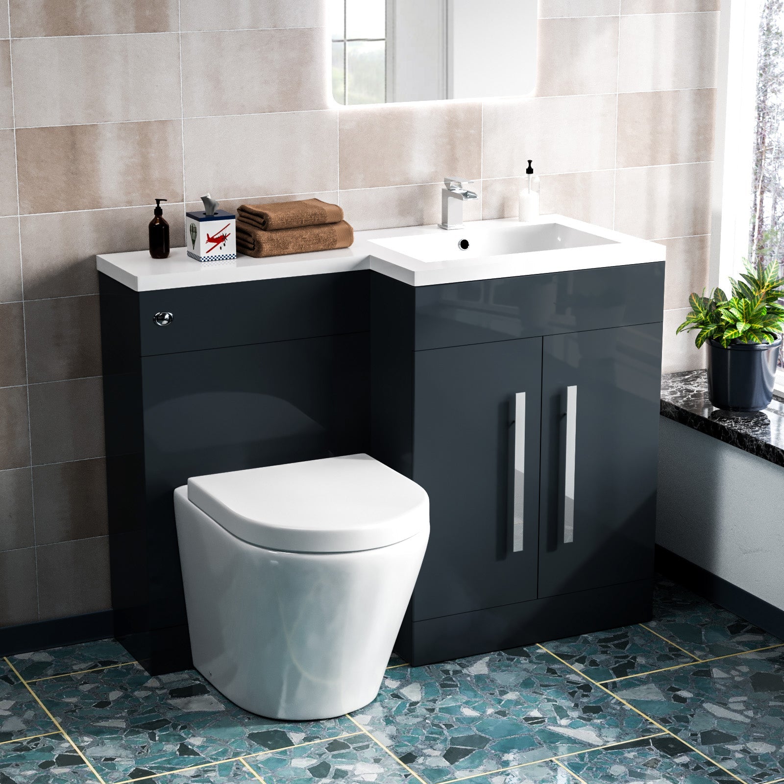Aric 1100mm RH Freestanding Grey Vanity with BTW Rimless Toilet, WC & Basin Flat Pack