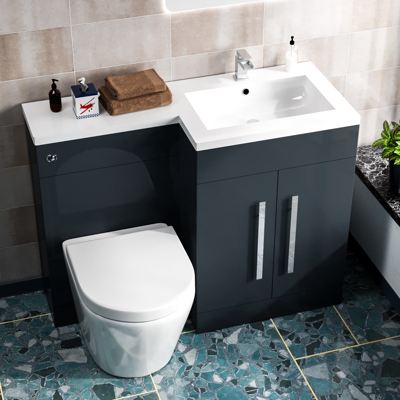 Aric 1100mm RH Freestanding Grey Vanity with BTW Rimless Toilet, WC & Basin Flat Pack
