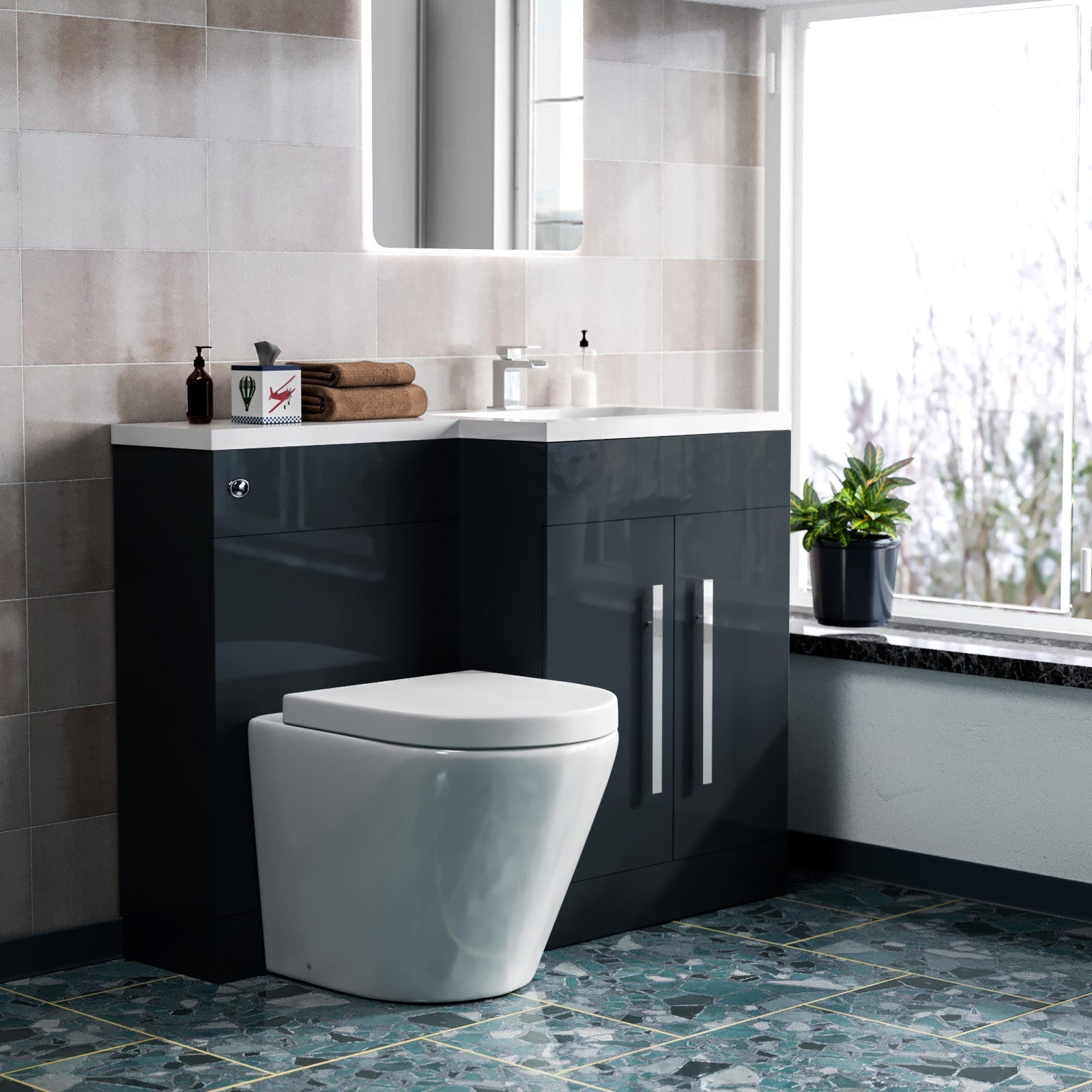 Aric 1100mm RH Freestanding Grey Vanity with BTW Rimless Toilet, WC & Basin Flat Pack