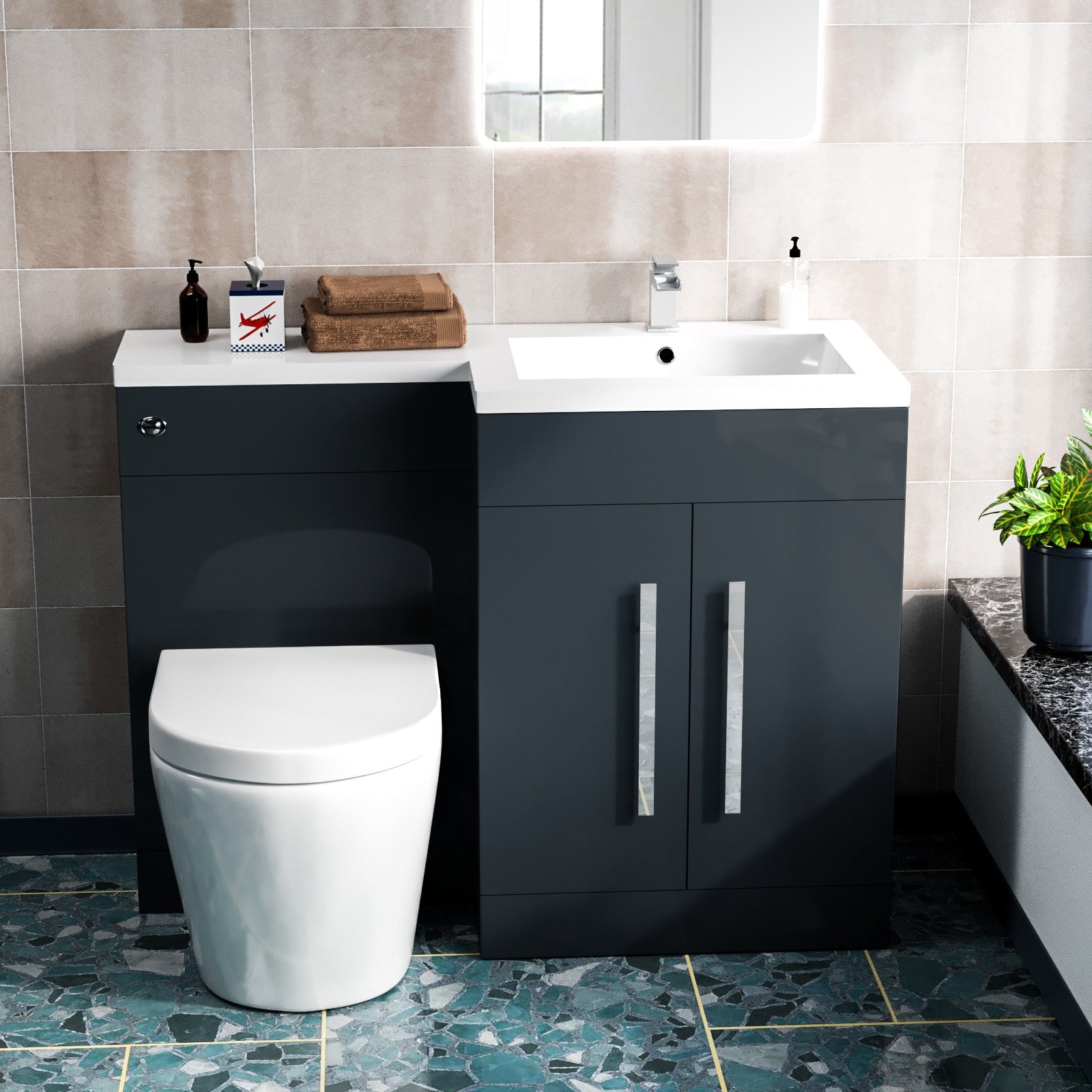 Aric 1100mm RH Freestanding Grey Vanity with BTW Rimless Toilet, WC & Basin Flat Pack