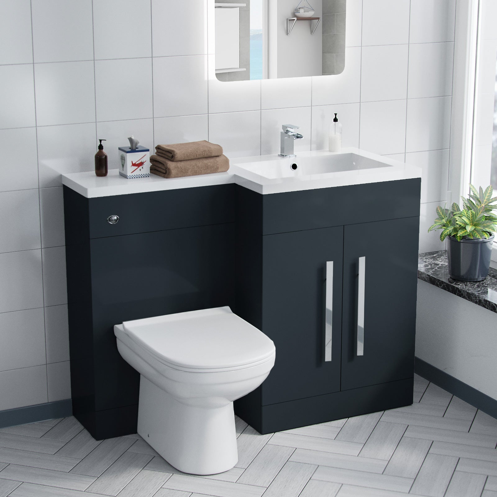 Aric 1100mm RH BTW Toilet, WC Unit & Resin Basin Grey Flat Pack
