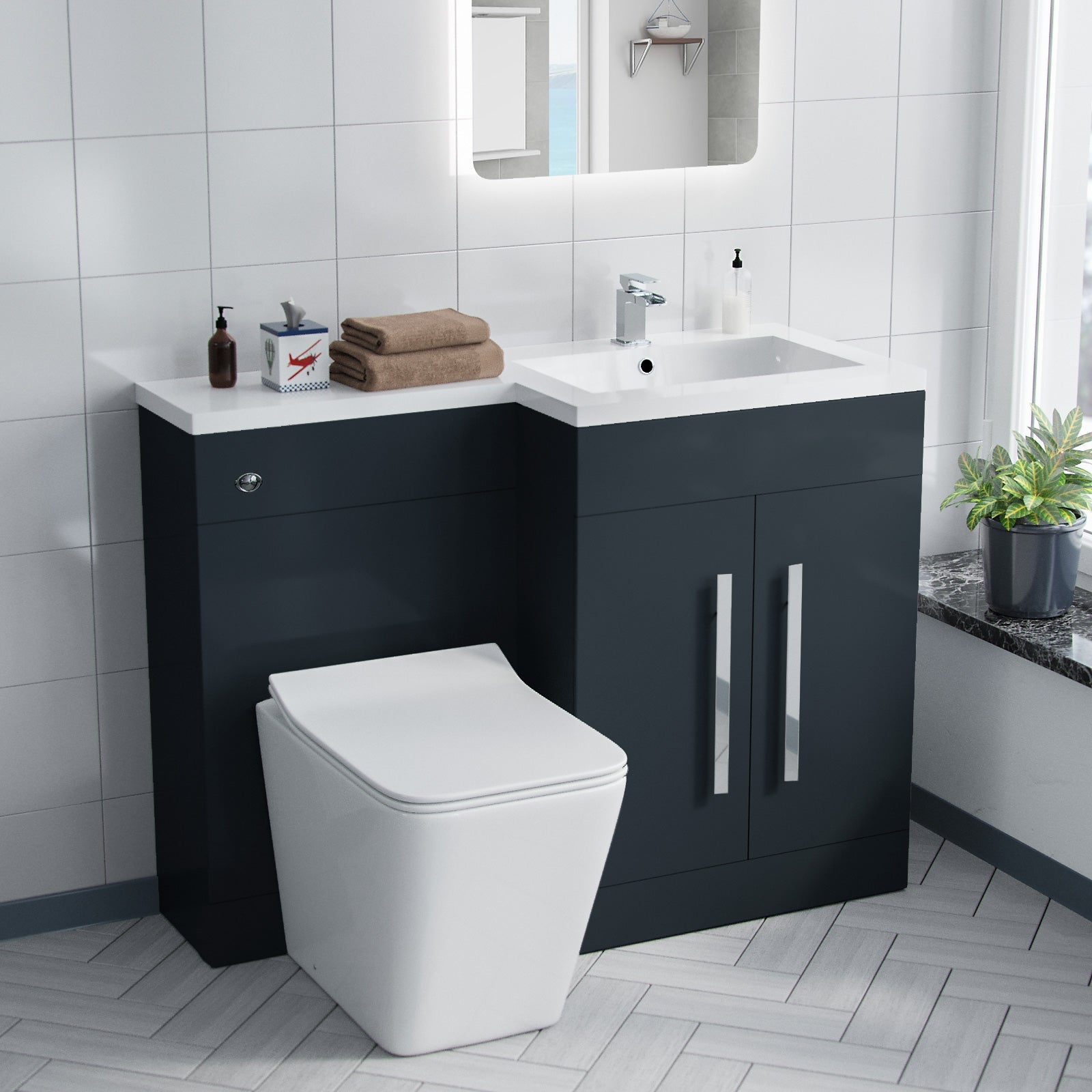 Aric Bathroom RH L-Shape White Basin Vanity Grey Unit WC BTW Rimless Toilet