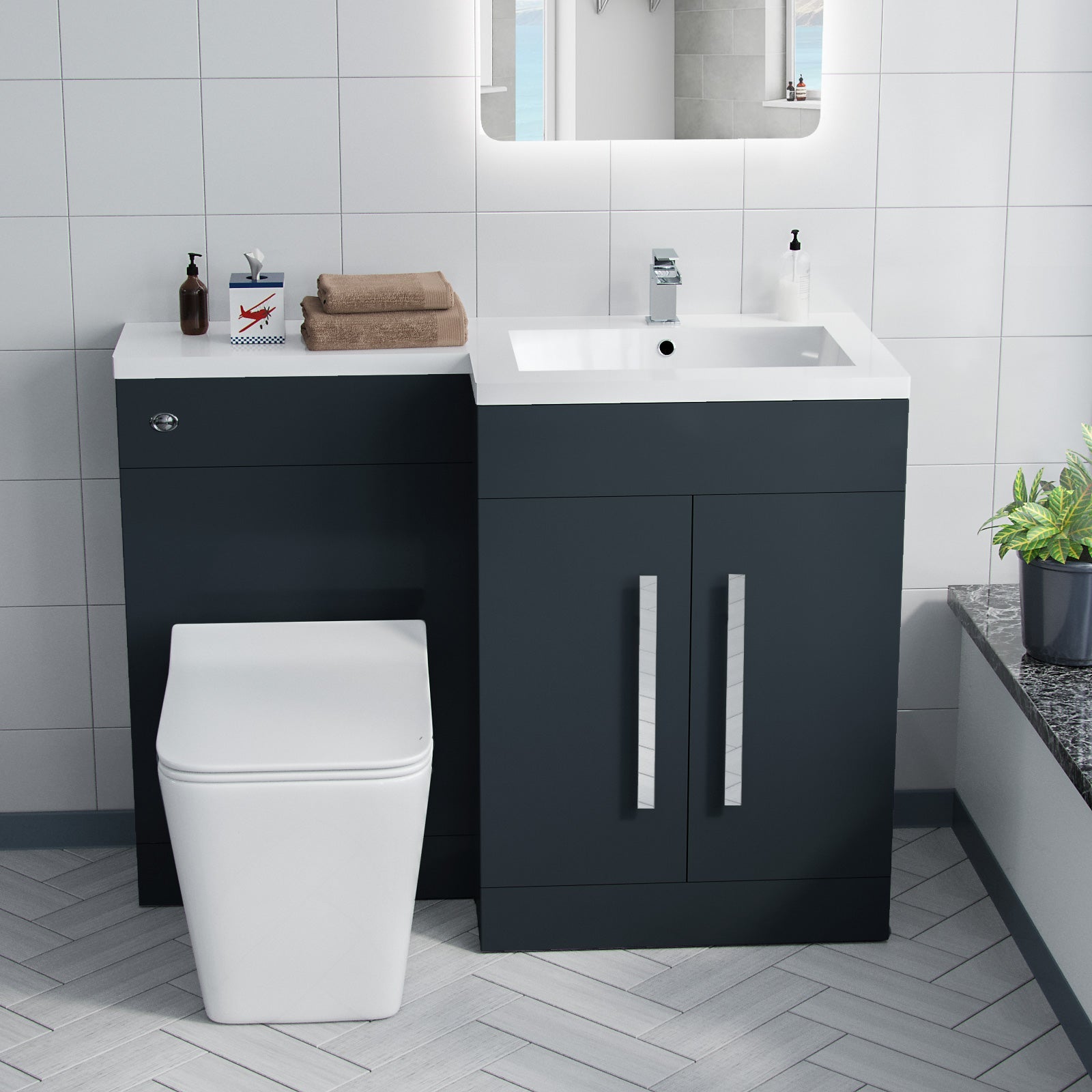 Aric Bathroom RH L-Shape White Basin Vanity Grey Unit WC BTW Rimless Toilet