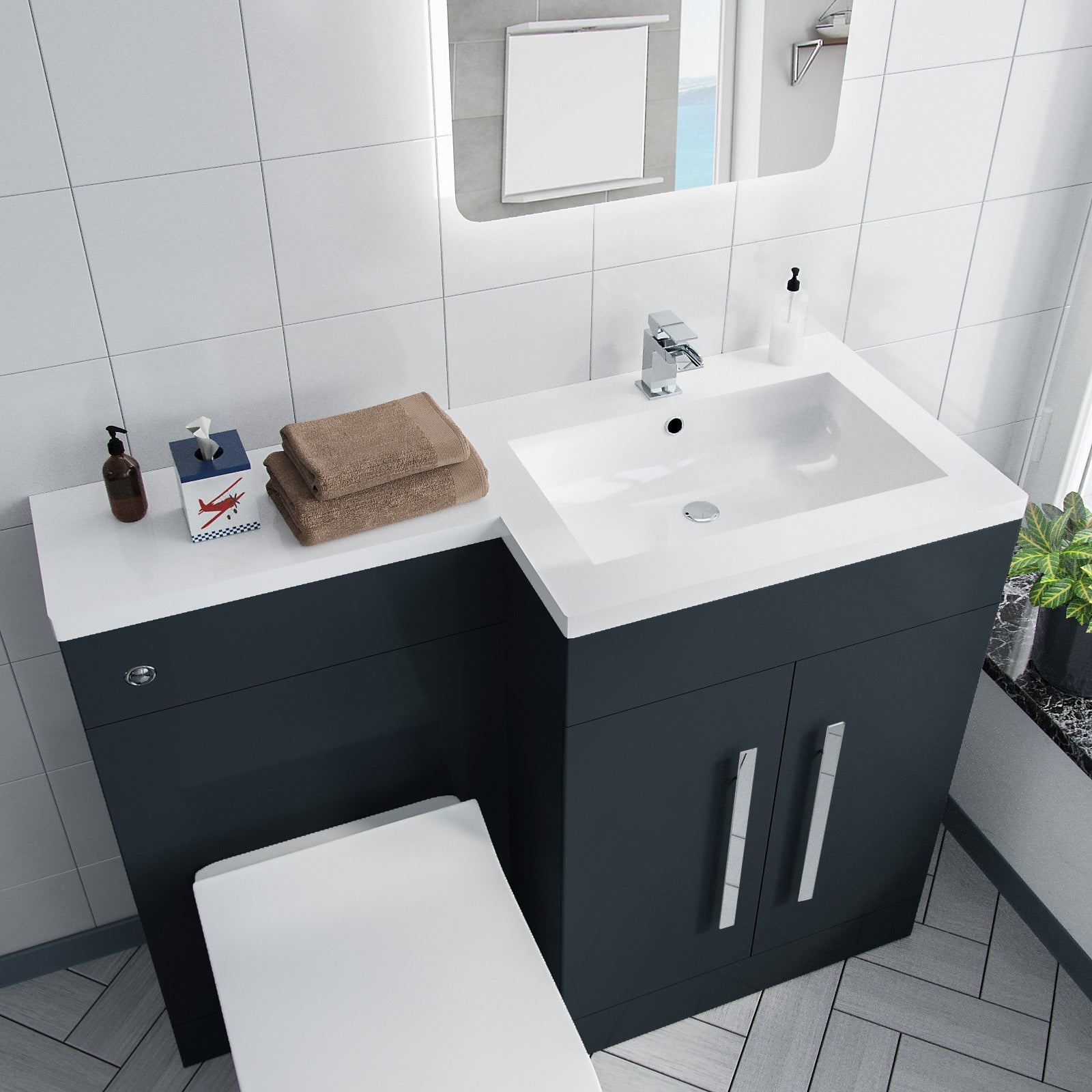 Aric Bathroom RH L-Shape White Basin Vanity Grey Unit WC BTW Rimless Toilet