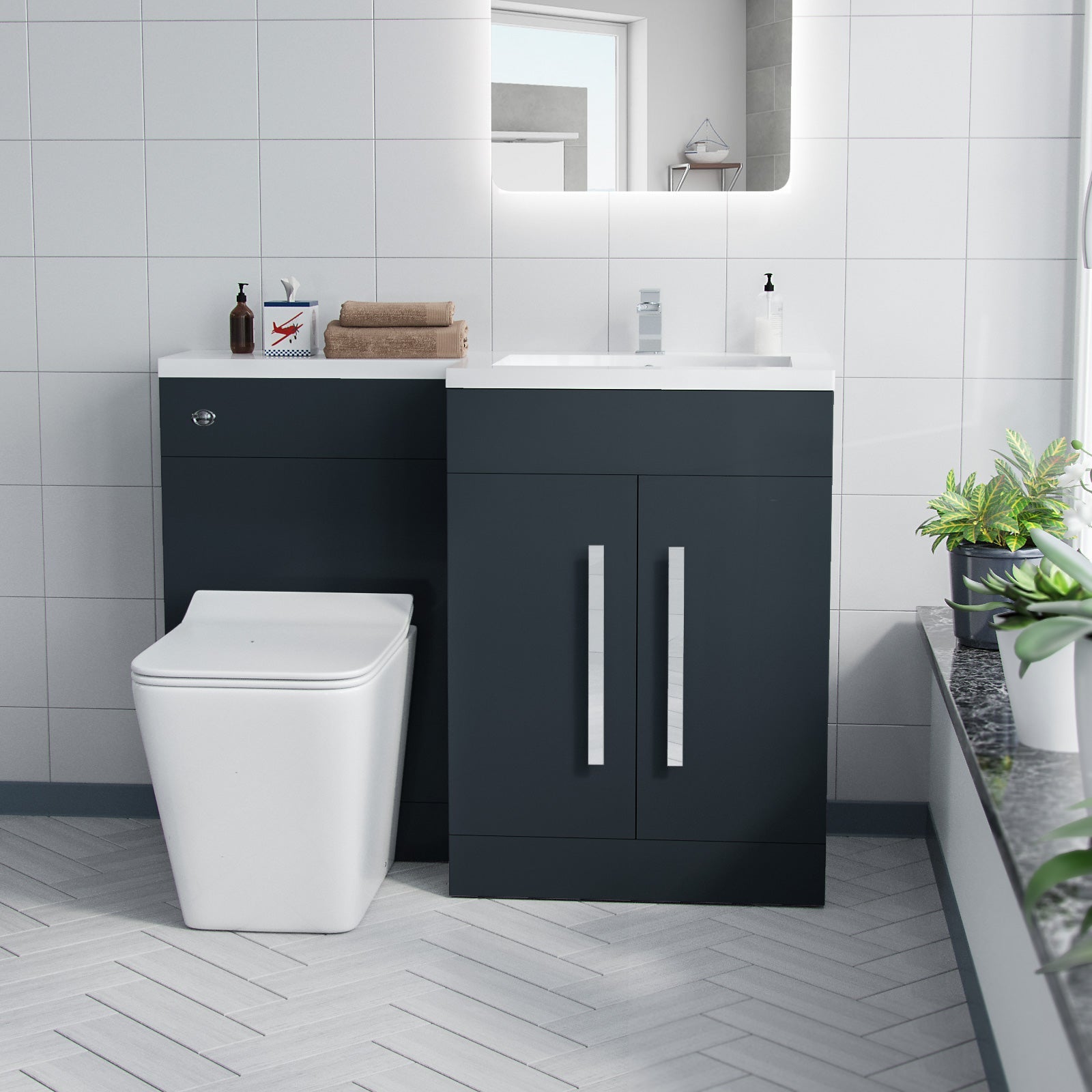 Aric Bathroom RH L-Shape White Basin Vanity Grey Unit WC BTW Rimless Toilet