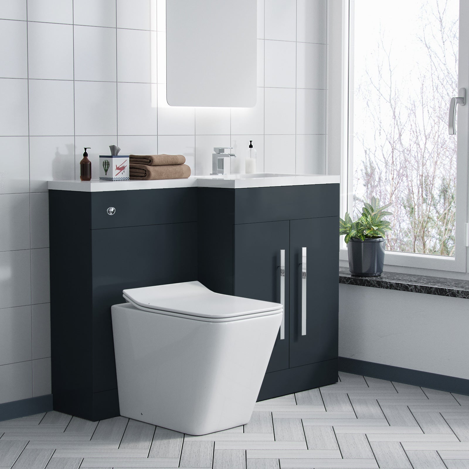 Aric Bathroom RH L-Shape White Basin Vanity Grey Unit WC BTW Rimless Toilet