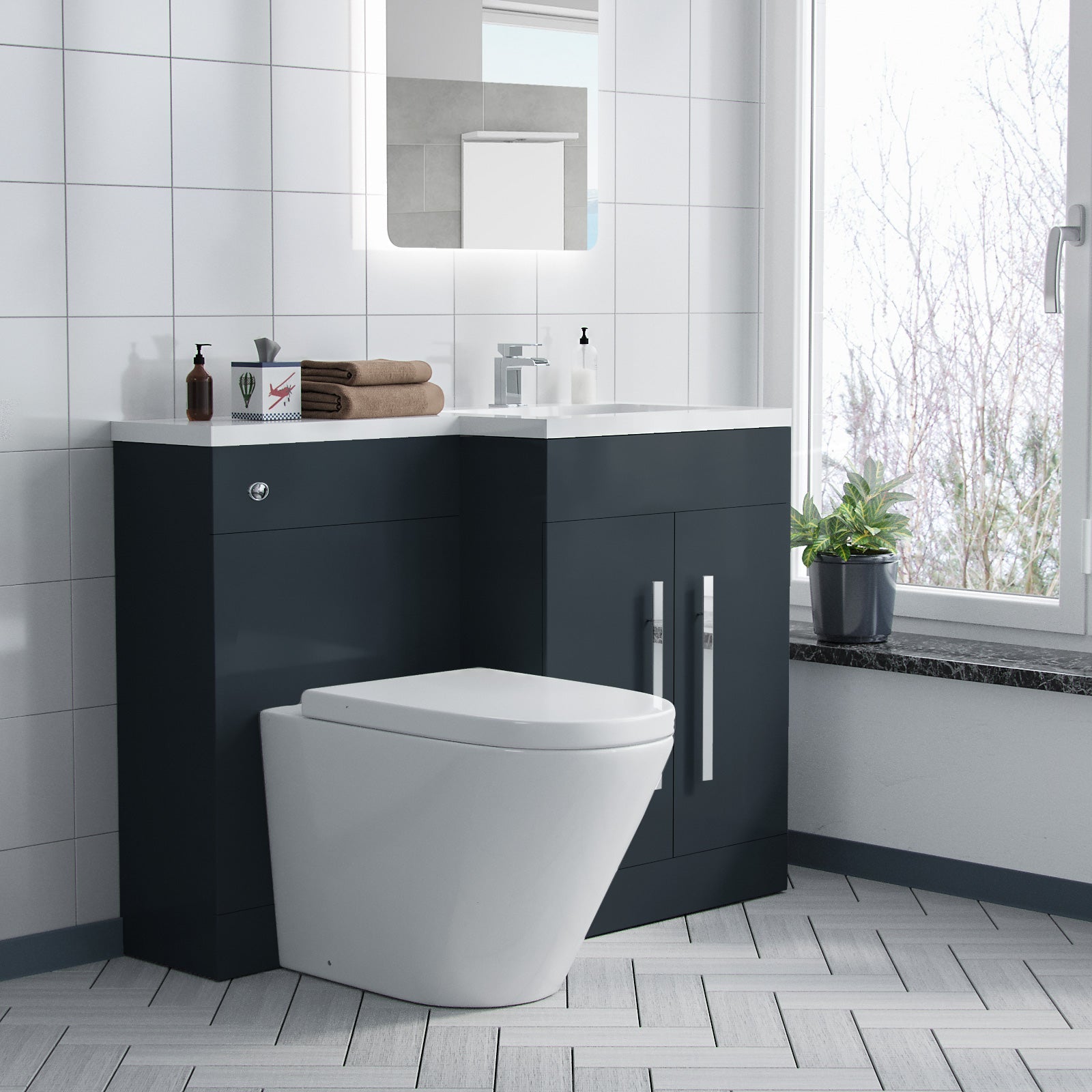Aric 1100mm RH Freestanding Grey Vanity with BTW Toilet, WC & Basin Flat Pack
