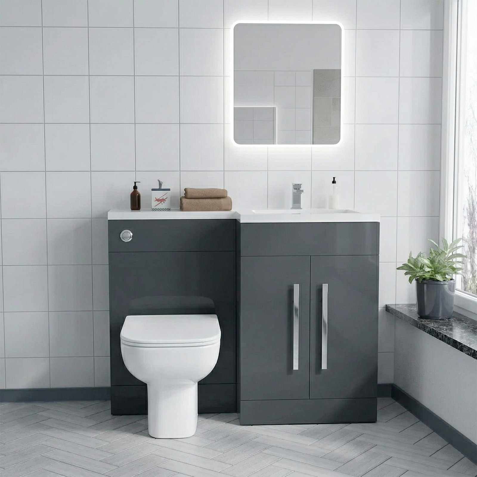 Aric Flat Pack Grey Right Hand Vanity Basin Unit, WC Unit, Back to Wall Toilet
