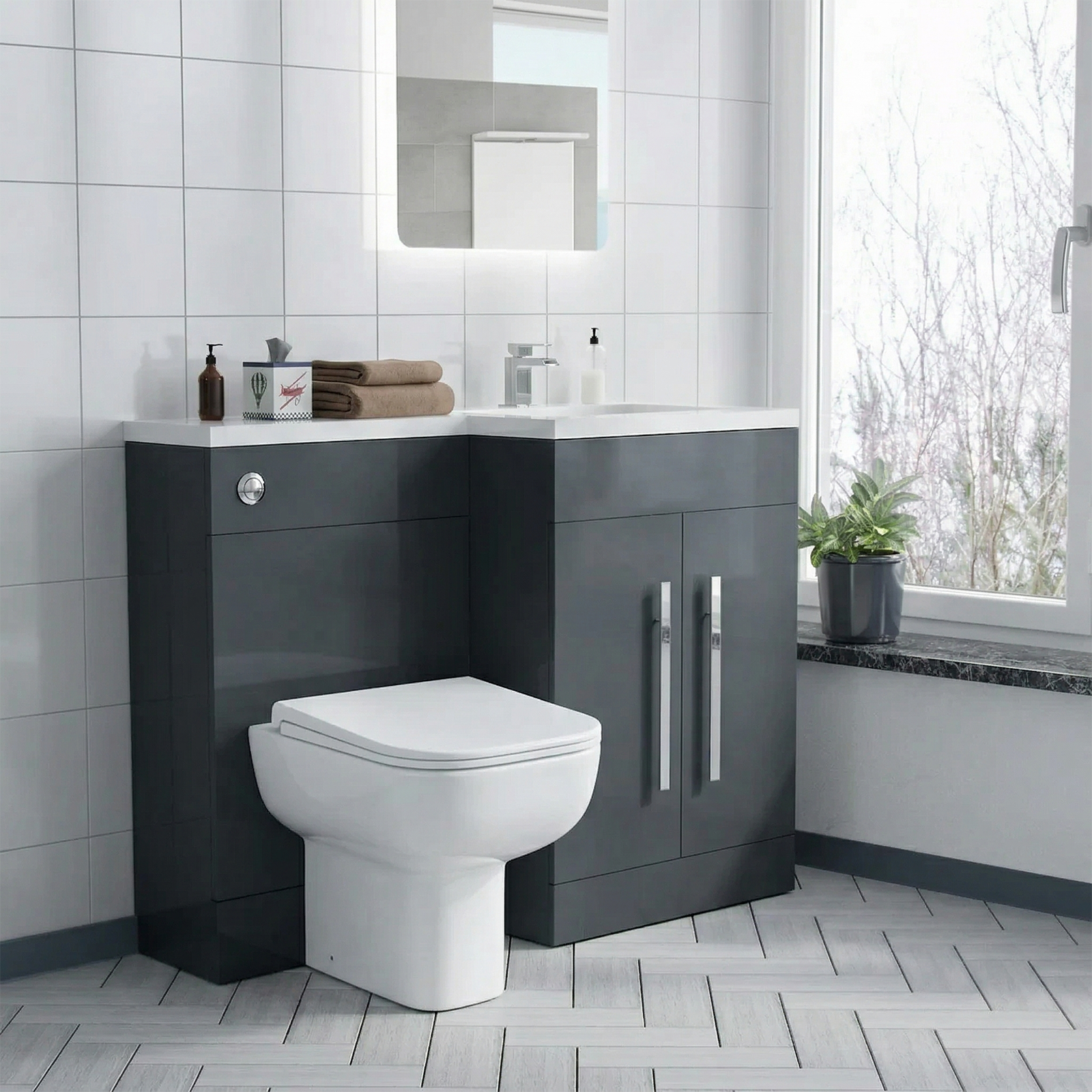Aric Flat Pack Grey Right Hand Vanity Basin Unit, WC Unit, Back to Wall Toilet