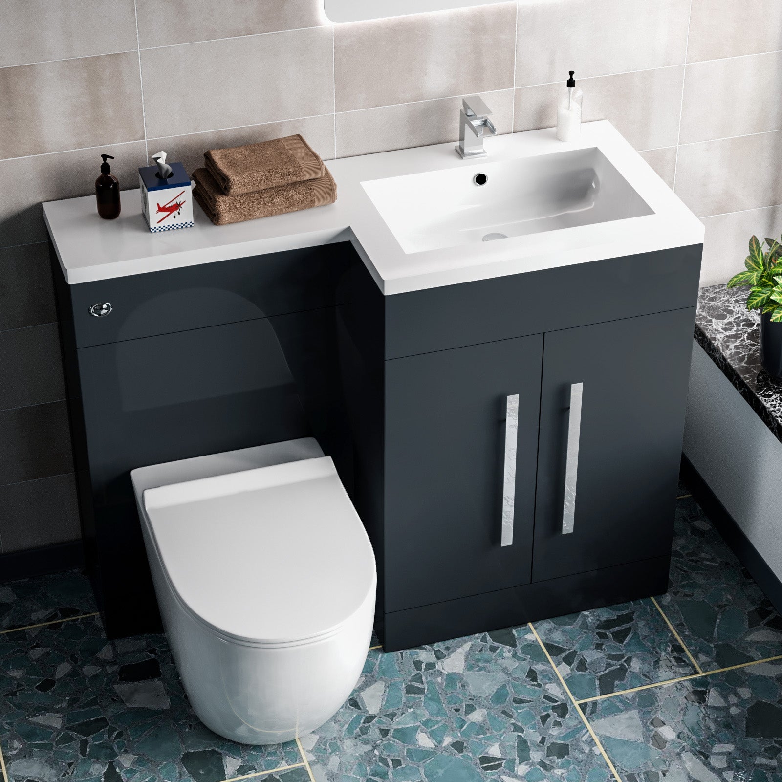Aric 1100mm RH Freestanding Grey Vanity with BTW Toilet, WC and Basin
