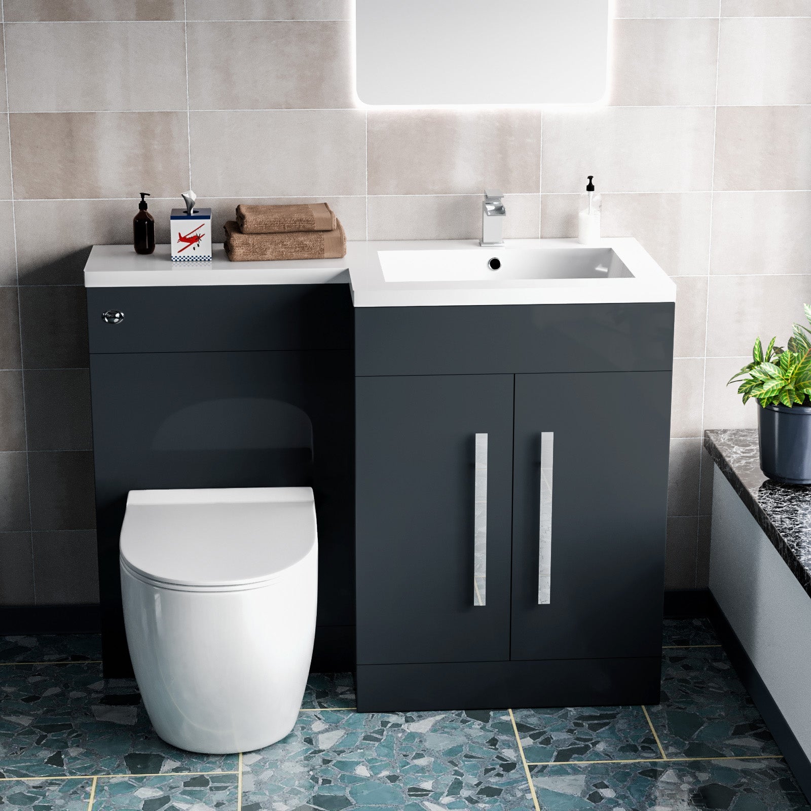 Aric 1100mm RH Freestanding Grey Vanity with BTW Toilet, WC and Basin