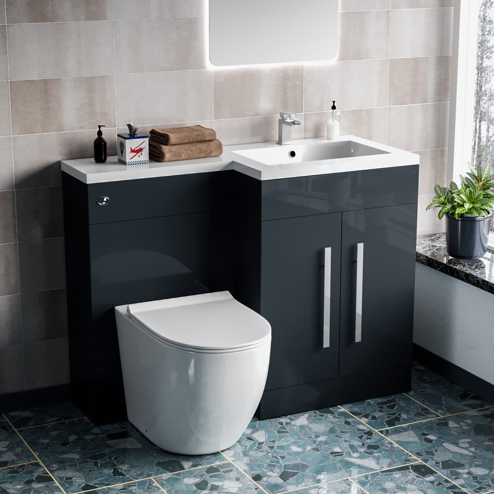 Aric 1100mm RH Freestanding Grey Vanity with BTW Toilet, WC and Basin