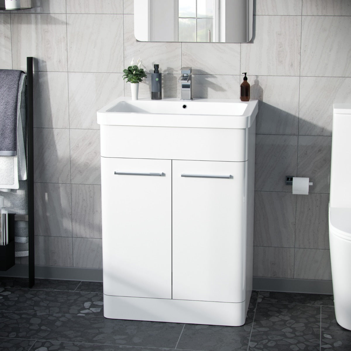 Afern 600mm MDF Vanity Unit Cabinet & Wash Ceramic Basin White - Flat Pack