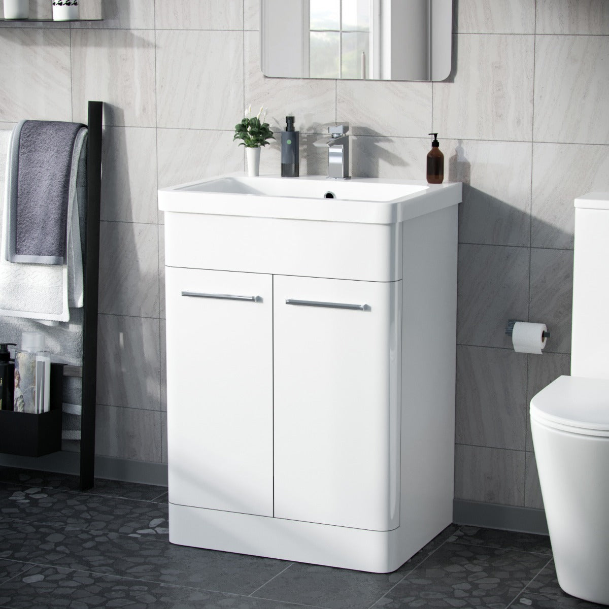 Afern 600mm MDF Vanity Unit Cabinet & Wash Ceramic Basin White - Flat Pack