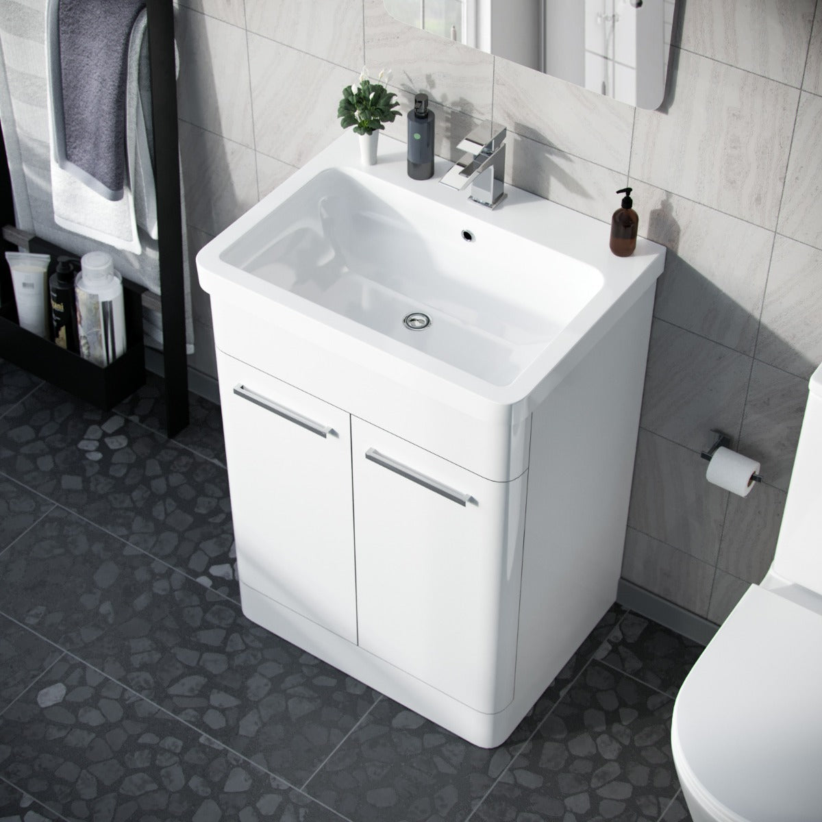 Afern 600mm MDF Vanity Unit Cabinet & Wash Ceramic Basin White - Flat Pack