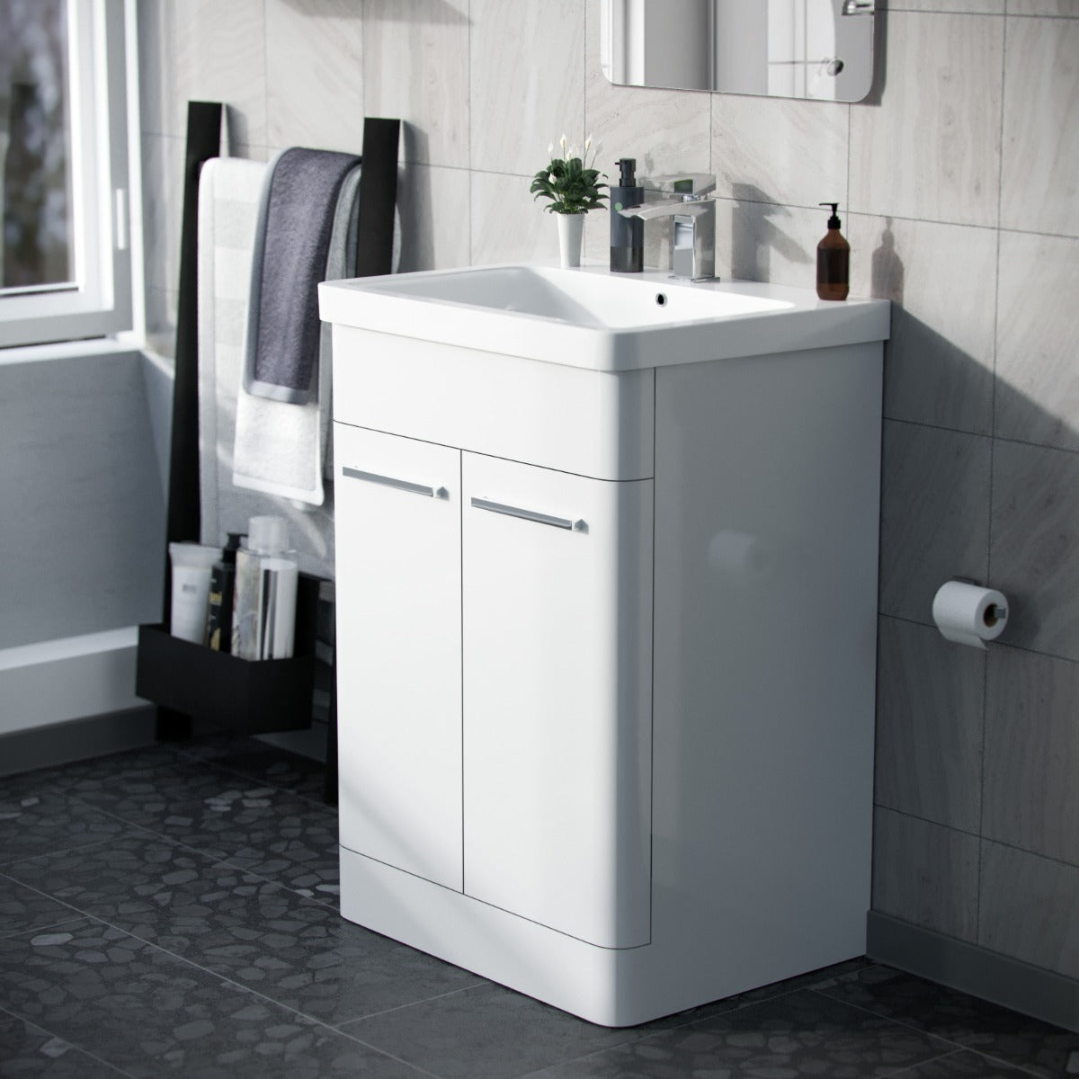 Afern 600mm MDF Vanity Unit Cabinet & Wash Ceramic Basin White - Flat Pack