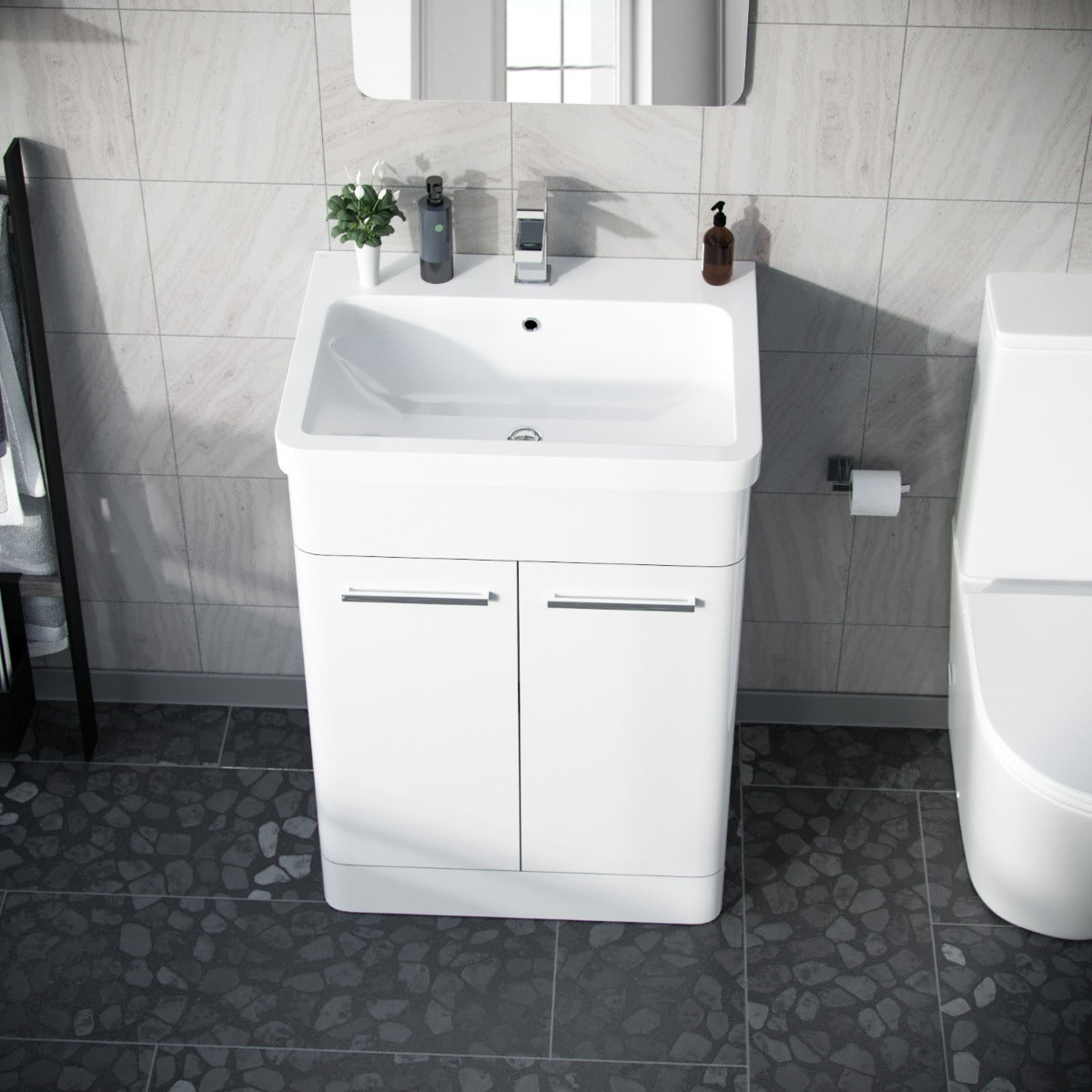 Afern 600mm MDF Vanity Unit Cabinet & Wash Ceramic Basin White - Flat Pack