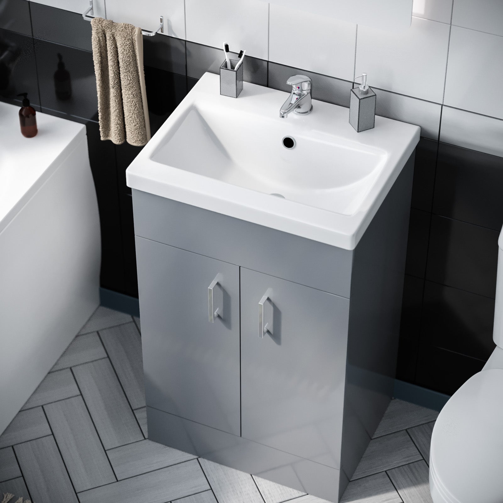 Nanuya 1700mm Bath, WC Toilet & 500 mm Grey Vanity Basin Cabinet