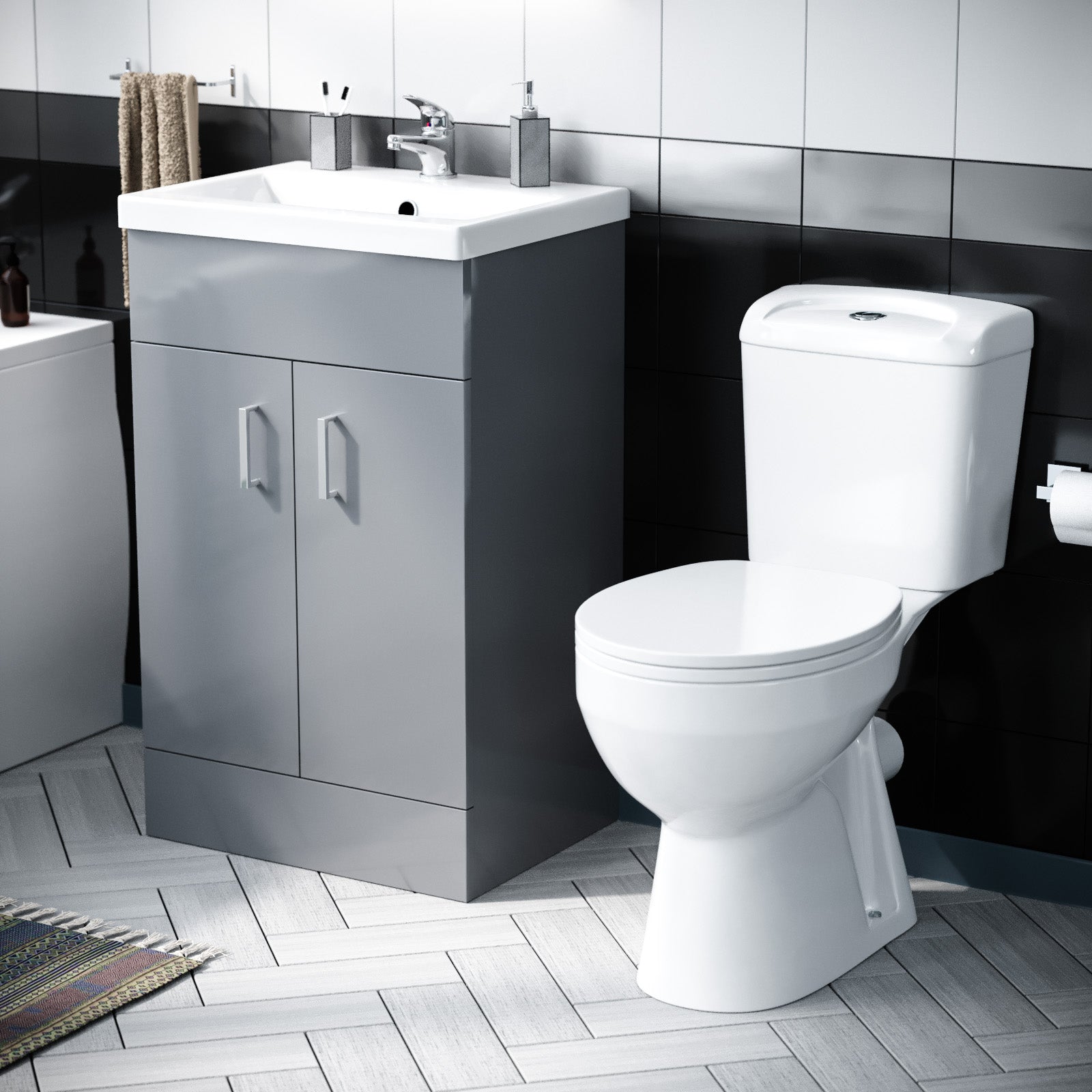 Nanuya 1700mm Bath, WC Toilet & 500 mm Grey Vanity Basin Cabinet