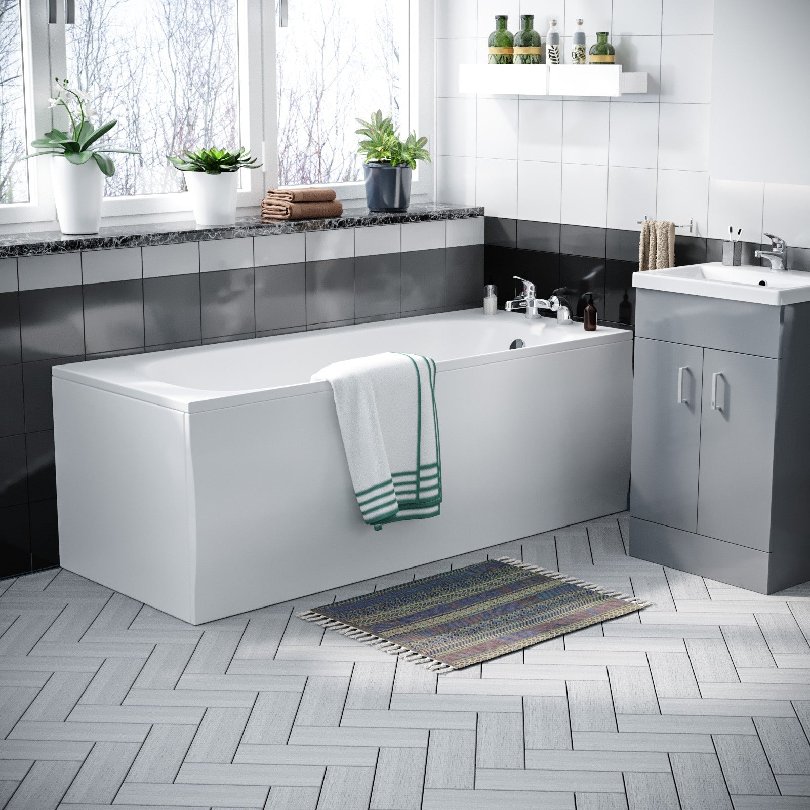 Nanuya 1700mm Bath, WC Toilet & 500 mm Grey Vanity Basin Cabinet