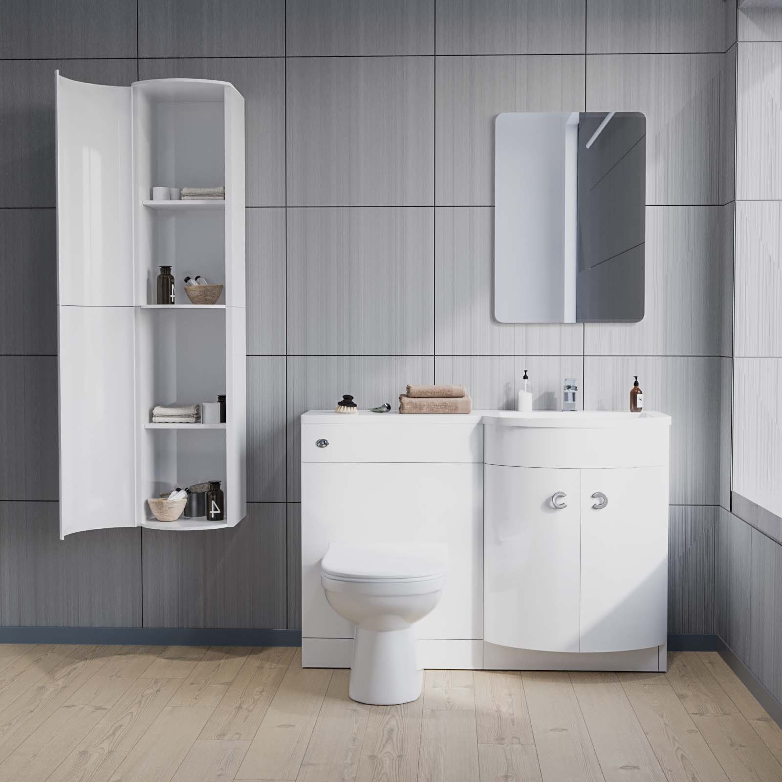 Dene 1100mm RH White Vanity with BTW Toilet, WC, Basin and Wall Hung Cabinet